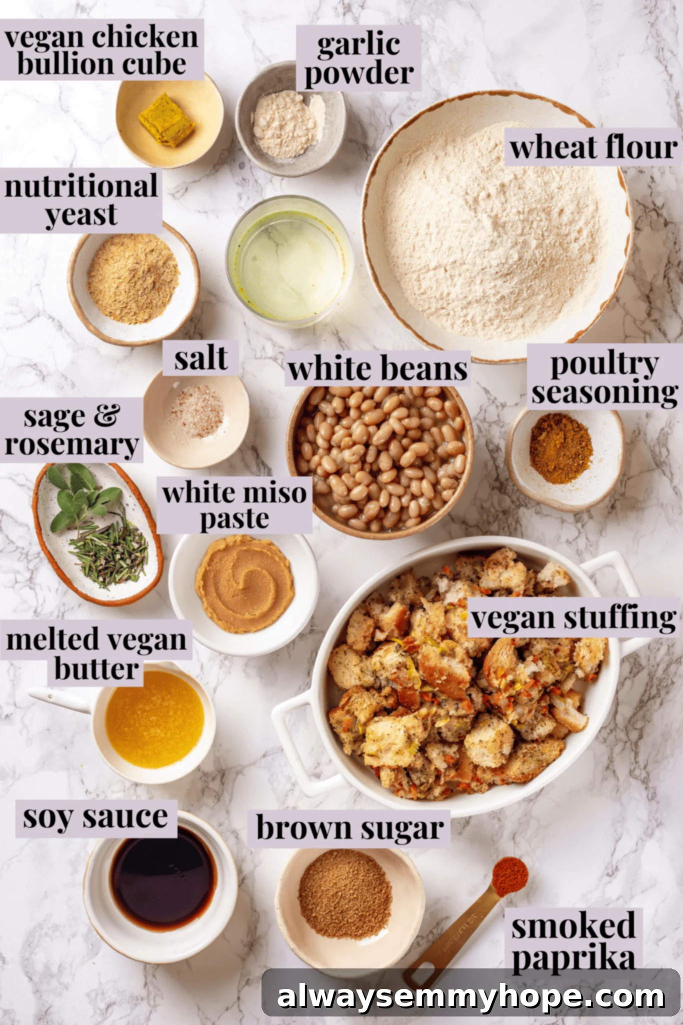 This homemade vegan turkey recipe is supremely flavourful and the perfect addition to any Thanksgiving table or holiday dinner! Overhead view of ingredients for vegan turkey with labels