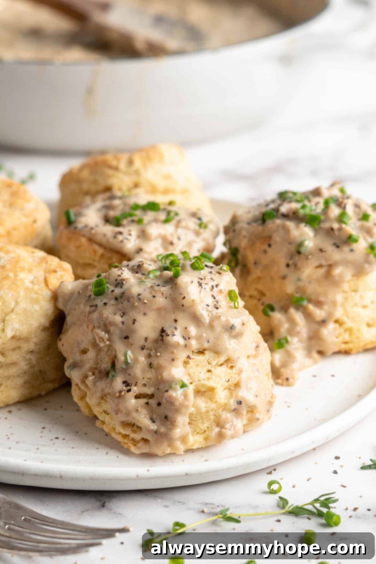 A plate with a few biscuits and gravy on it, garnished with chives