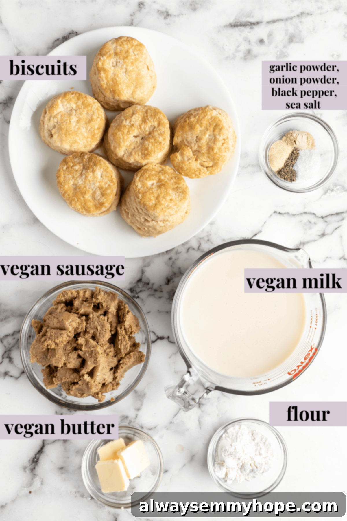 Overhead view of the labeled ingredients for vegan biscuits and gravy: biscuits, vegan sausage, vegan milk, vegan butter, flour, garlic powder, onion powder, salt, and pepper