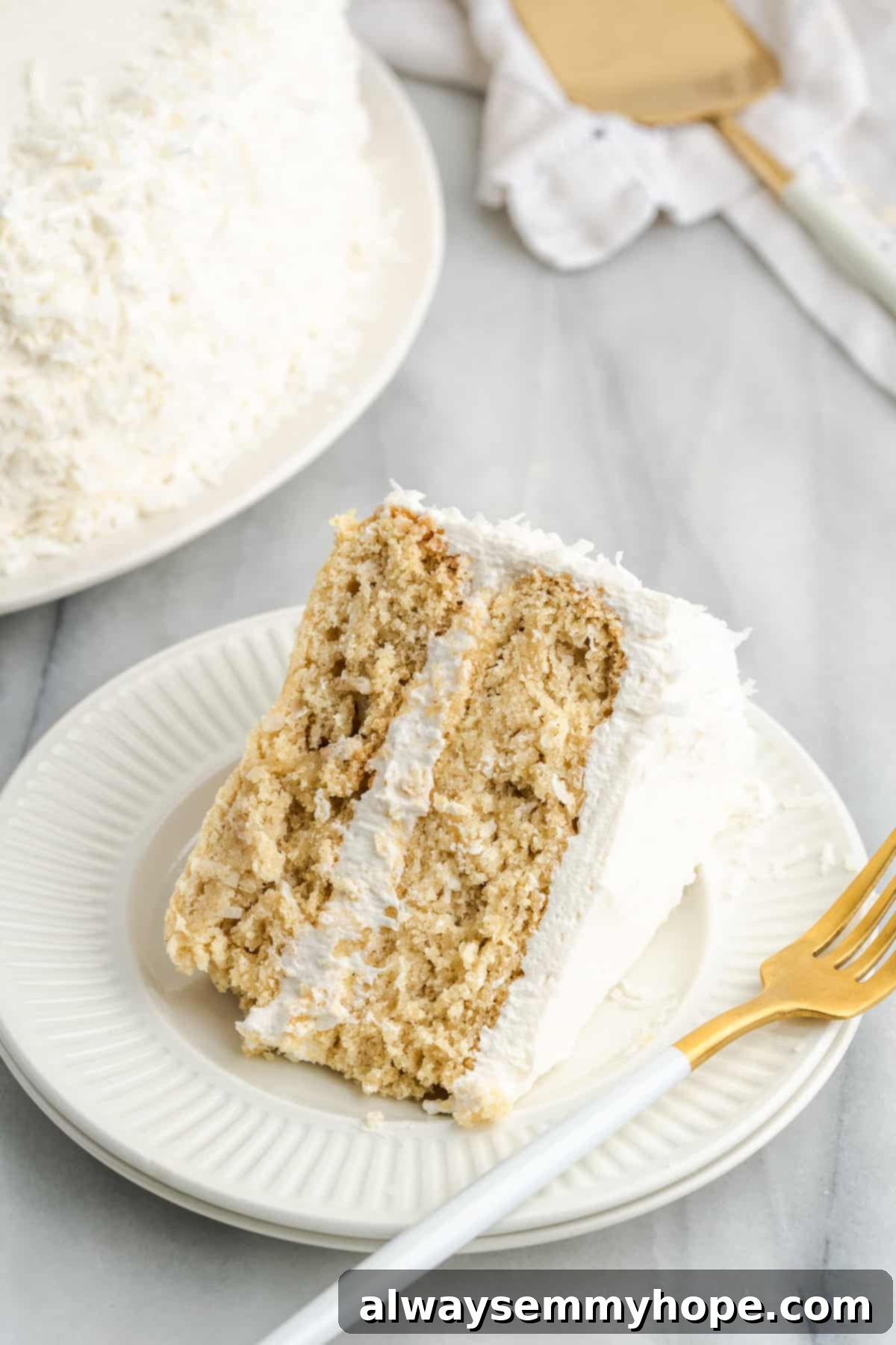 Tropical Vegan Coconut Cake 18 A close-up of a delectable slice of vegan coconut cake, showcasing its moist texture and creamy frosting.