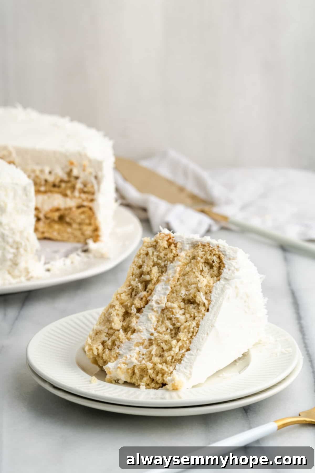 Tropical Vegan Coconut Cake 20 A vegan coconut cake with a slice removed, showcasing its interior and texture.