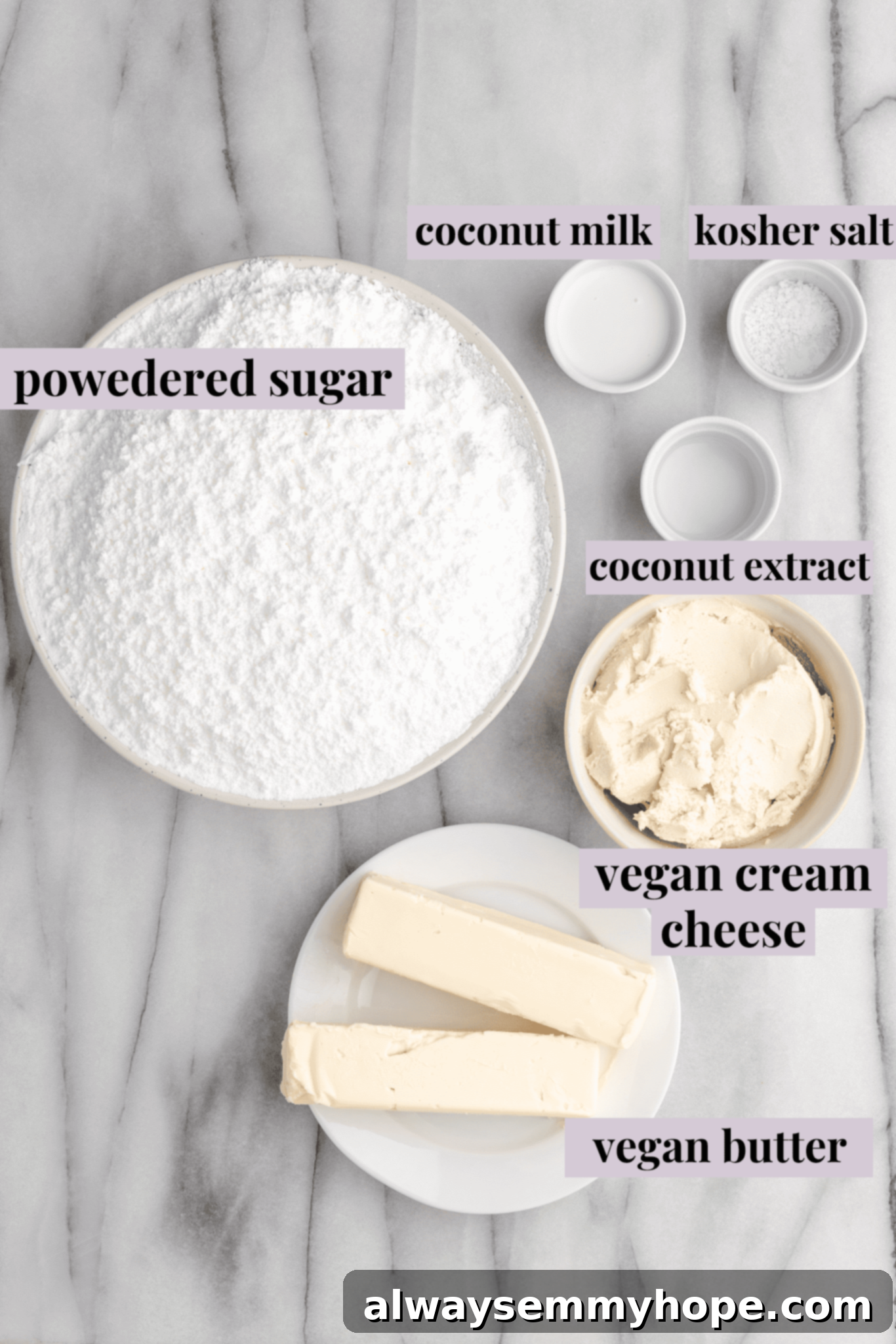 Tropical Vegan Coconut Cake 4 Key ingredients for preparing a rich and creamy vegan coconut buttercream frosting.