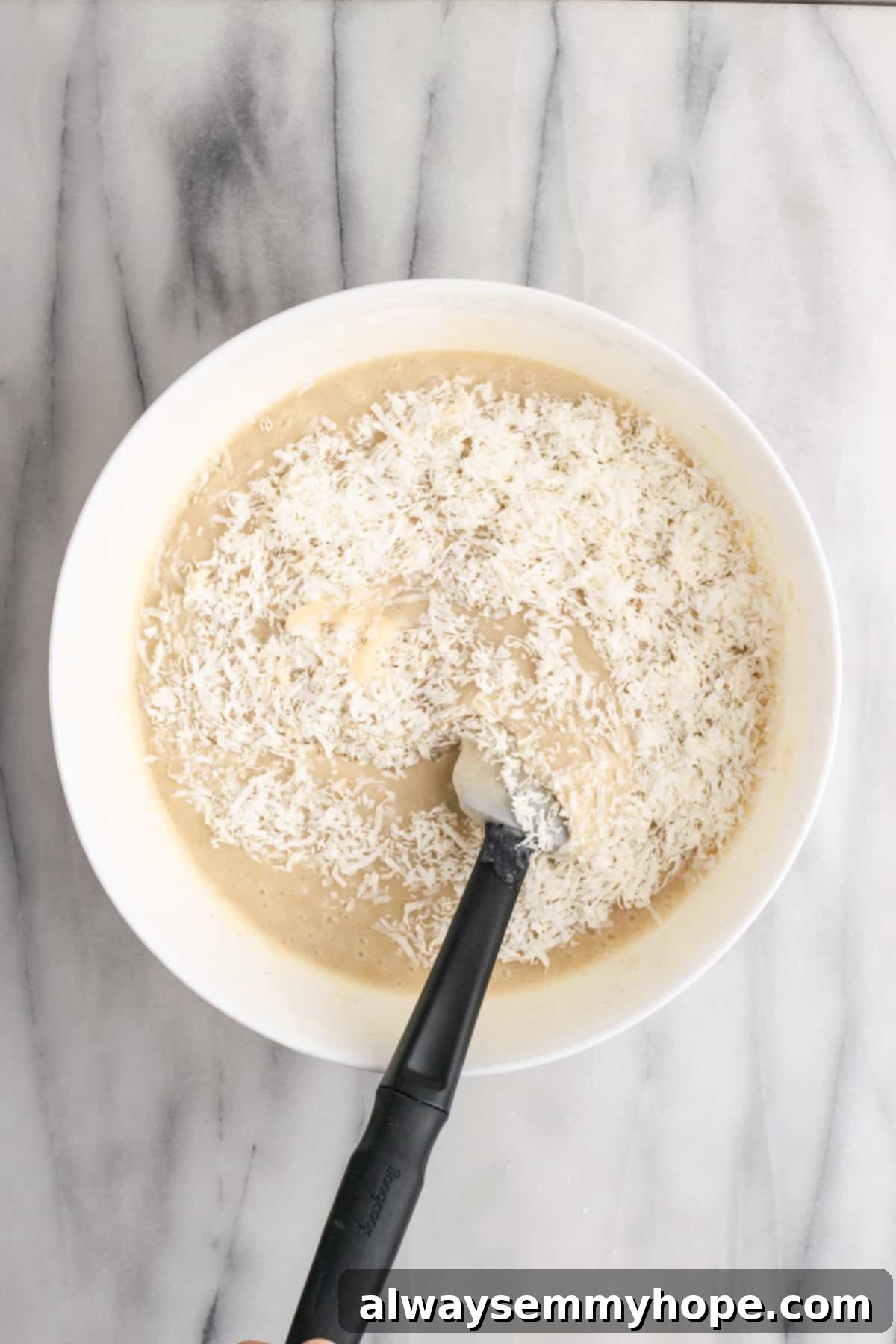 Tropical Vegan Coconut Cake 9 The final vegan coconut cake batter before being poured into baking pans.