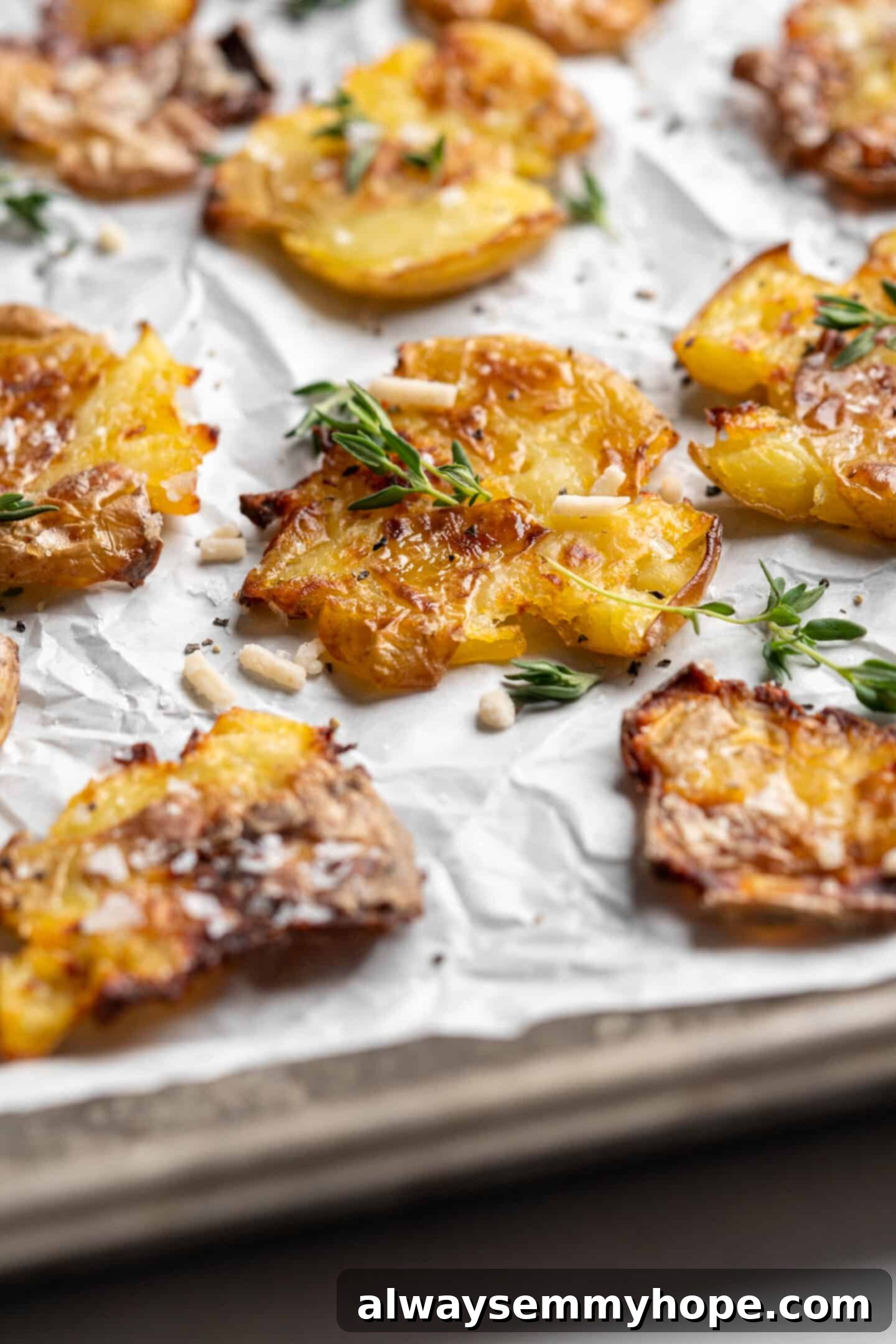 Crispy smashed potatoes garnished with fresh herbs, showcasing vibrant green