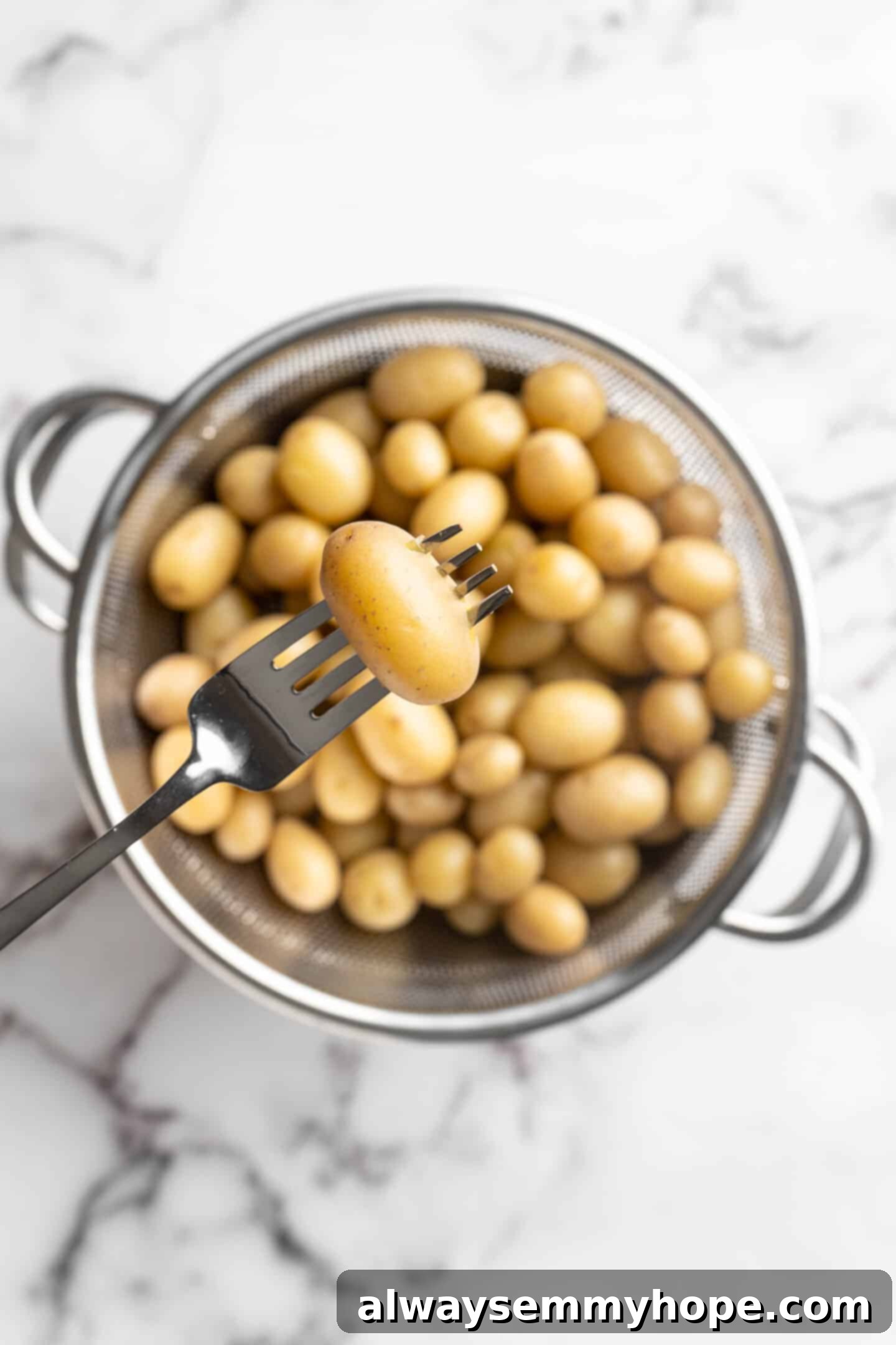 Close-up of a baby potato being tested for tenderness with a fork