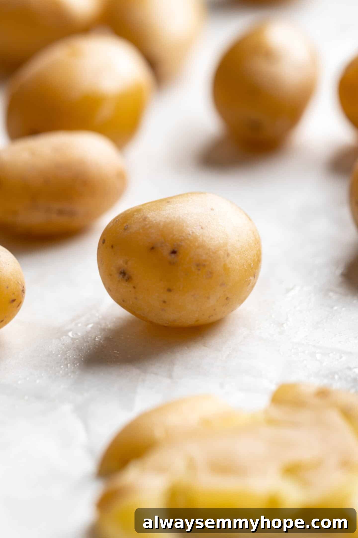 Close up of a single perfectly boiled baby potato