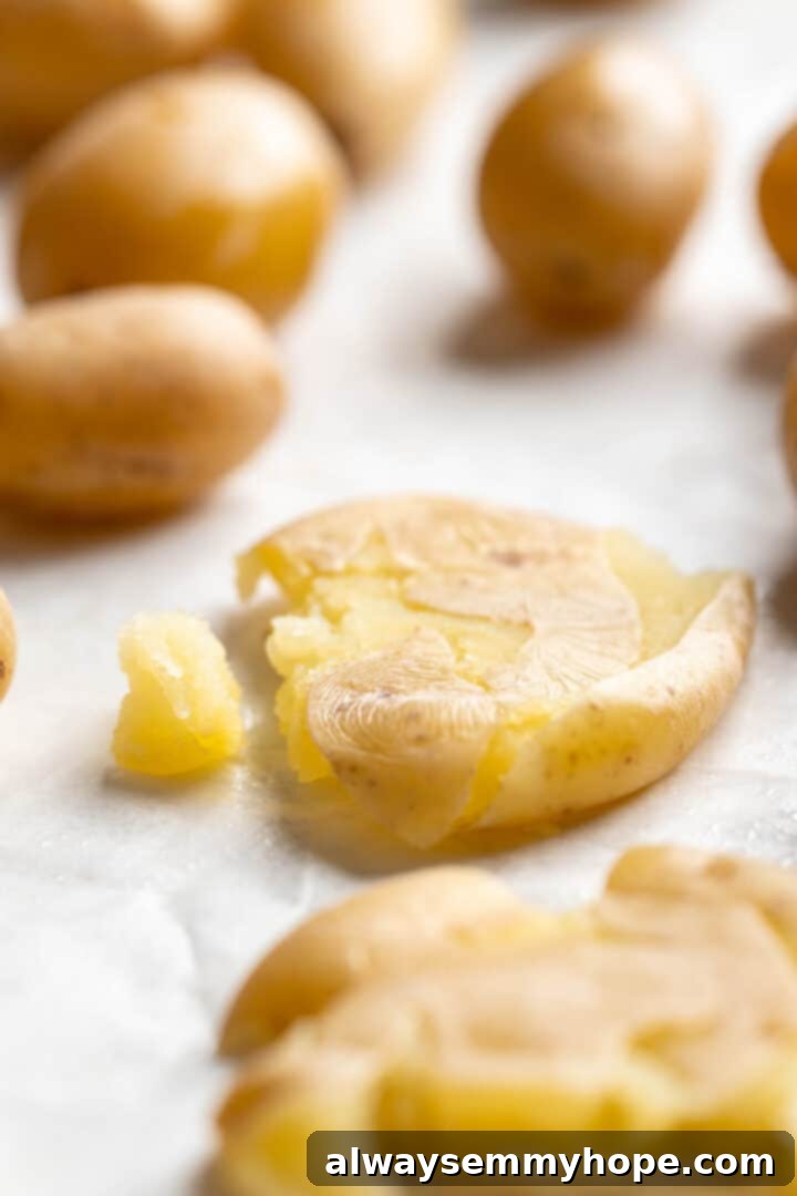 Close up of a perfectly crushed baby potato, ready for seasoning