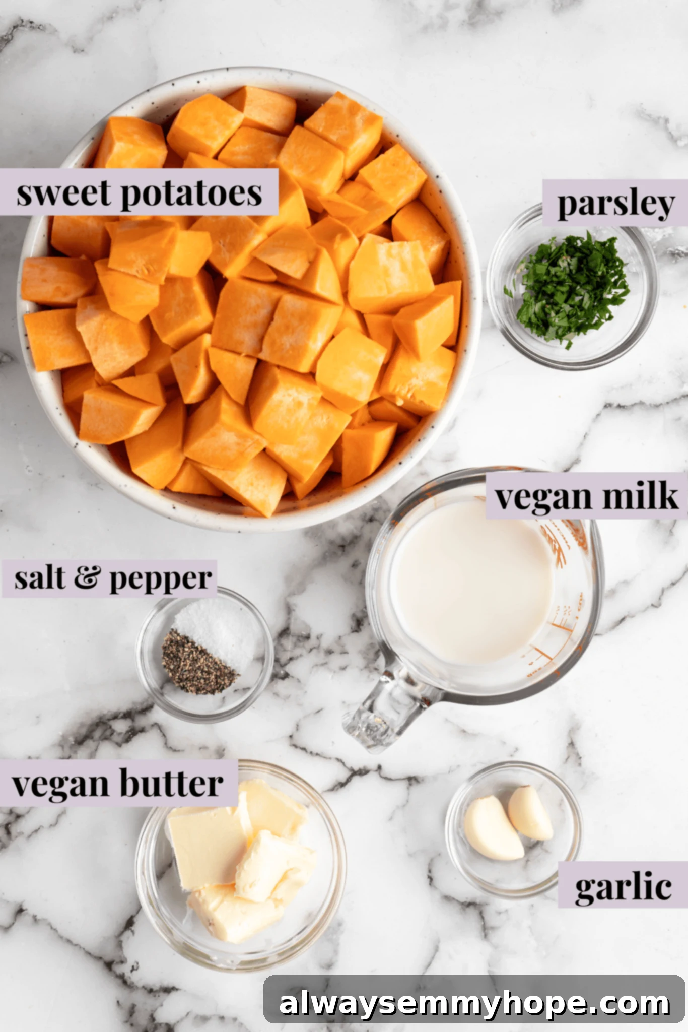 This recipe for vegan mashed sweet potatoes is like a whole holiday celebration in a bowl, but easy enough to make on a busy weeknight! Fresh ingredients for making mashed sweet potatoes, including sweet potatoes, vegan butter, oat milk, garlic, salt, and pepper.