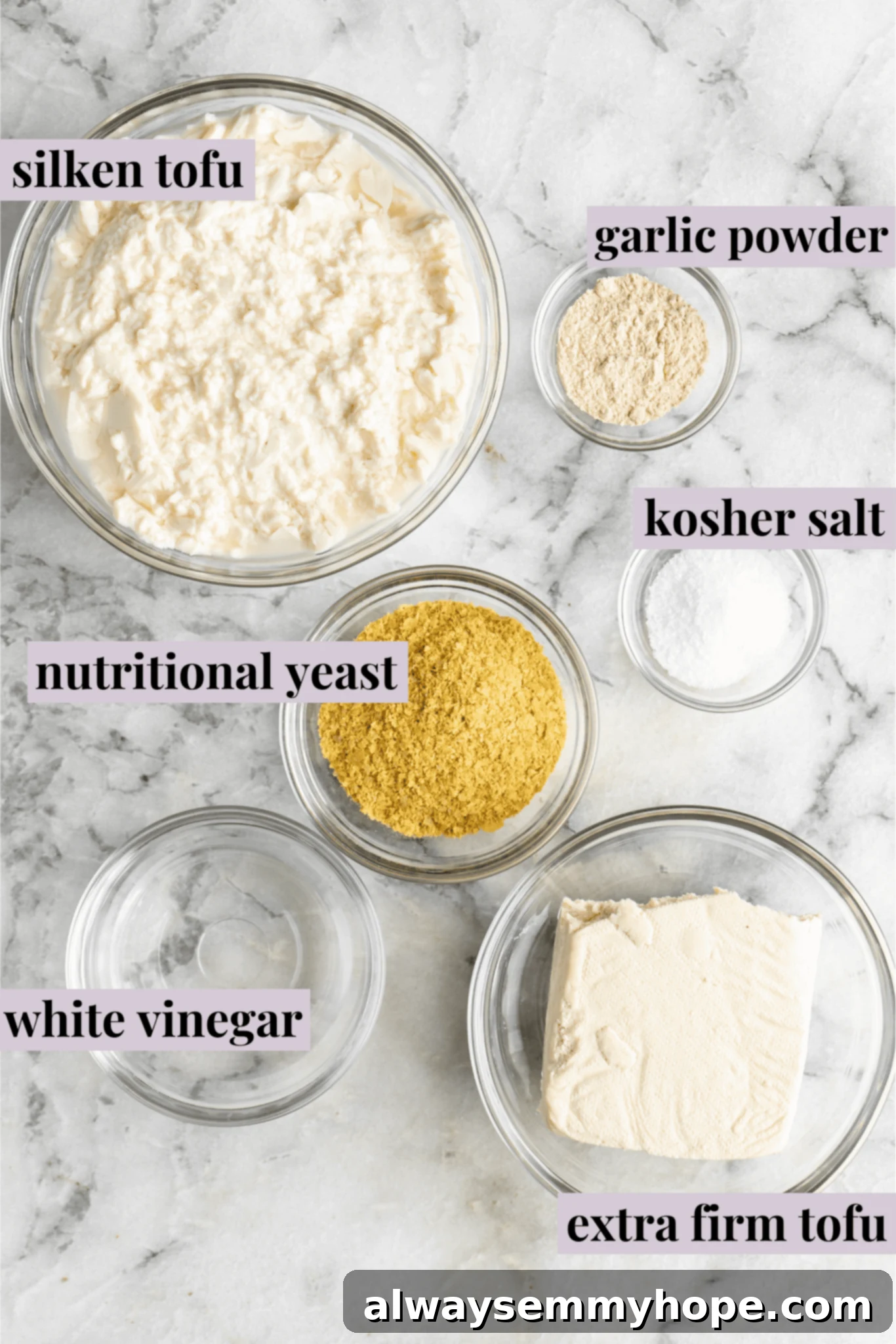 Simple ingredients for making delicious homemade vegan ricotta in minutes. All the essential ingredients for making vegan ricotta, clearly labeled for convenience.