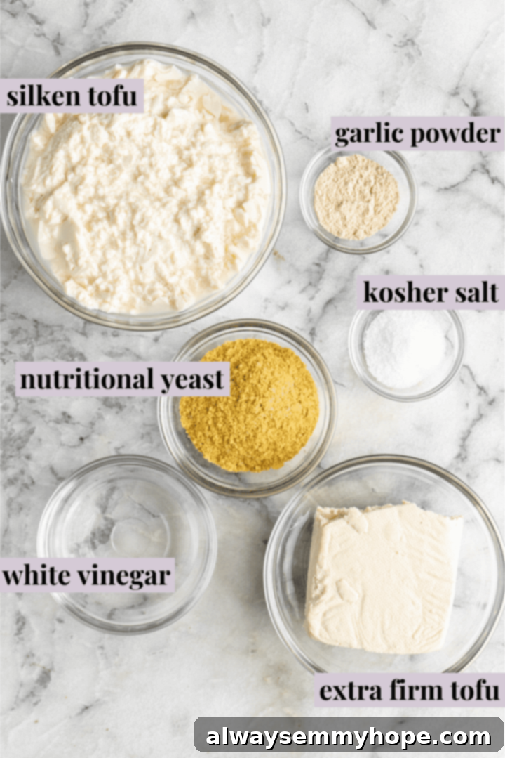 Gather your simple ingredients for homemade vegan ricotta. Ingredients for vegan ricotta laid out.