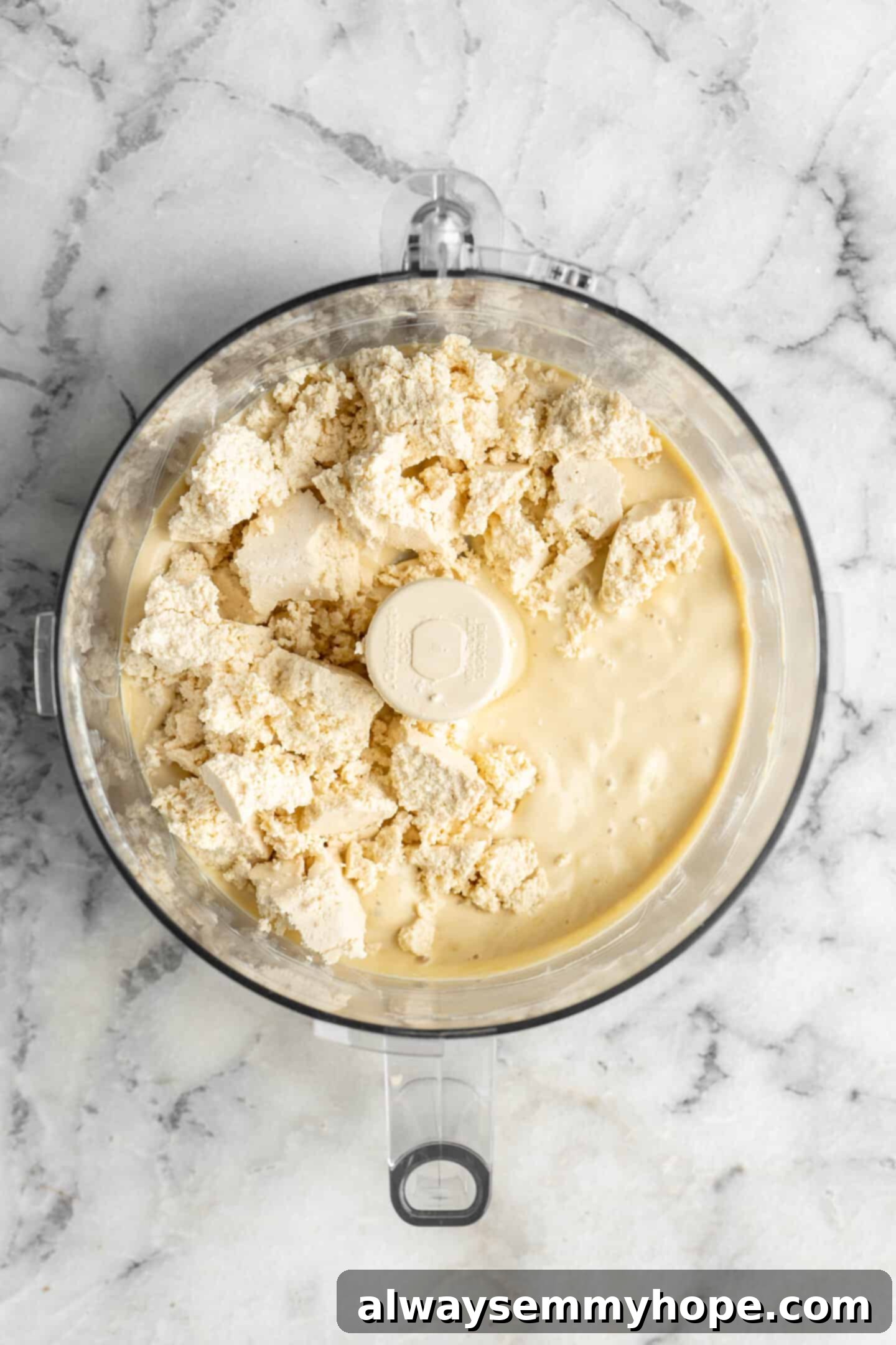 Achieving perfect texture by blending extra firm tofu. Adding extra firm tofu to the smooth ricotta base for texture.