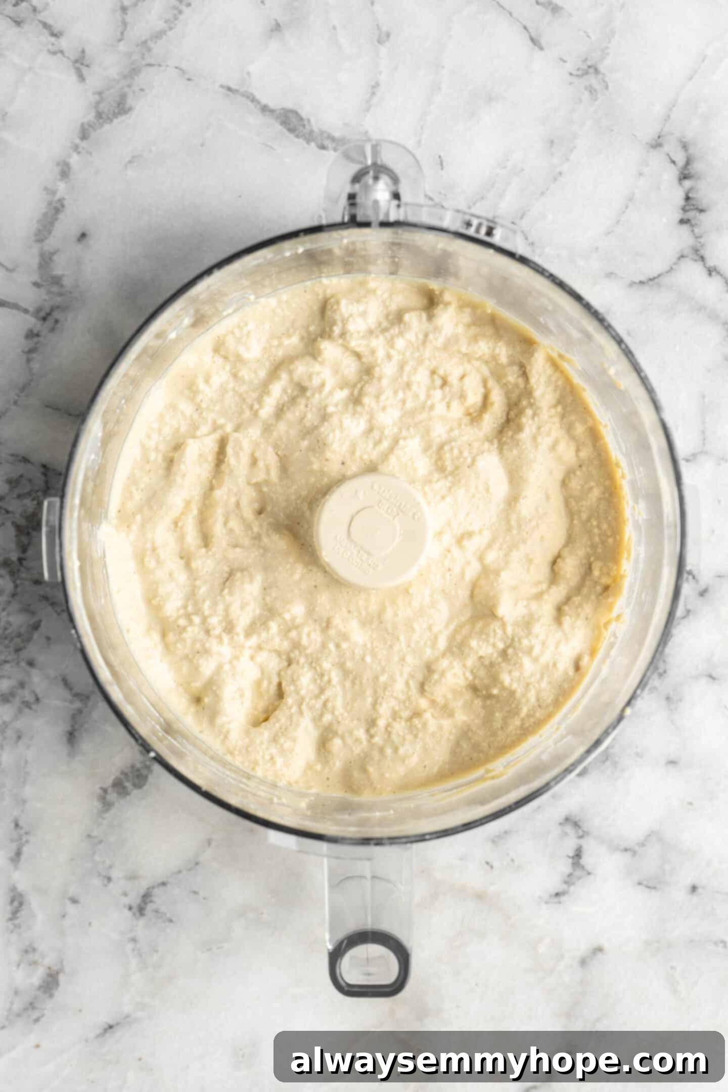 The finished vegan ricotta, perfectly blended and ready to enjoy. Blended vegan ricotta in a food processor, showing the ideal consistency.