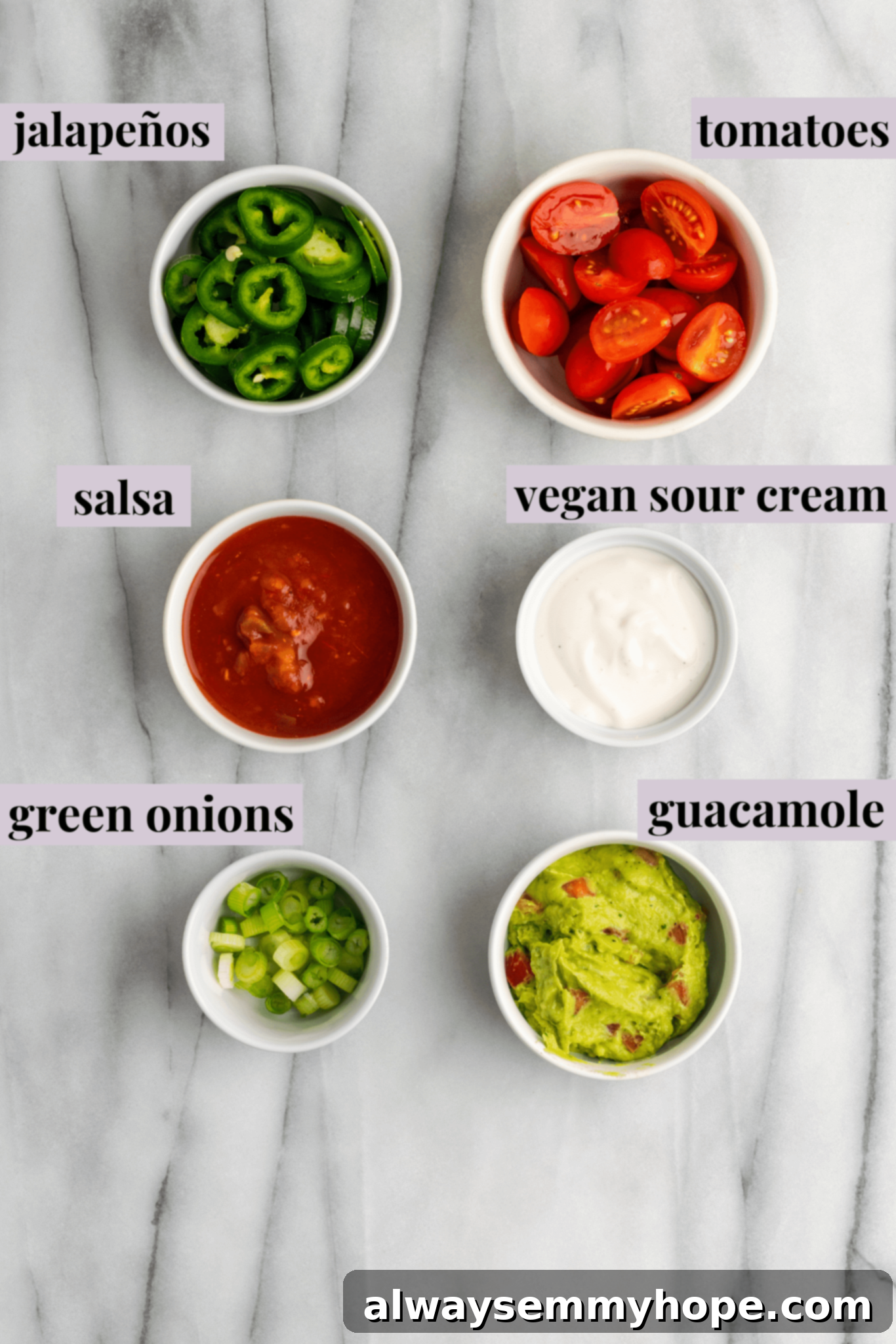 These vegan loaded nachos are rich and filling, with a spicy vegan meat crumble, black beans, a gooey vegan cheese sauce, and toppings. Overhead view of a bowl of jalapeño slices, a bowl of halved cherry tomatoes, a bowl of salsa, a bowl of vegan sour cream, a bowl of chopped scallions, and a bowl of guacamole.