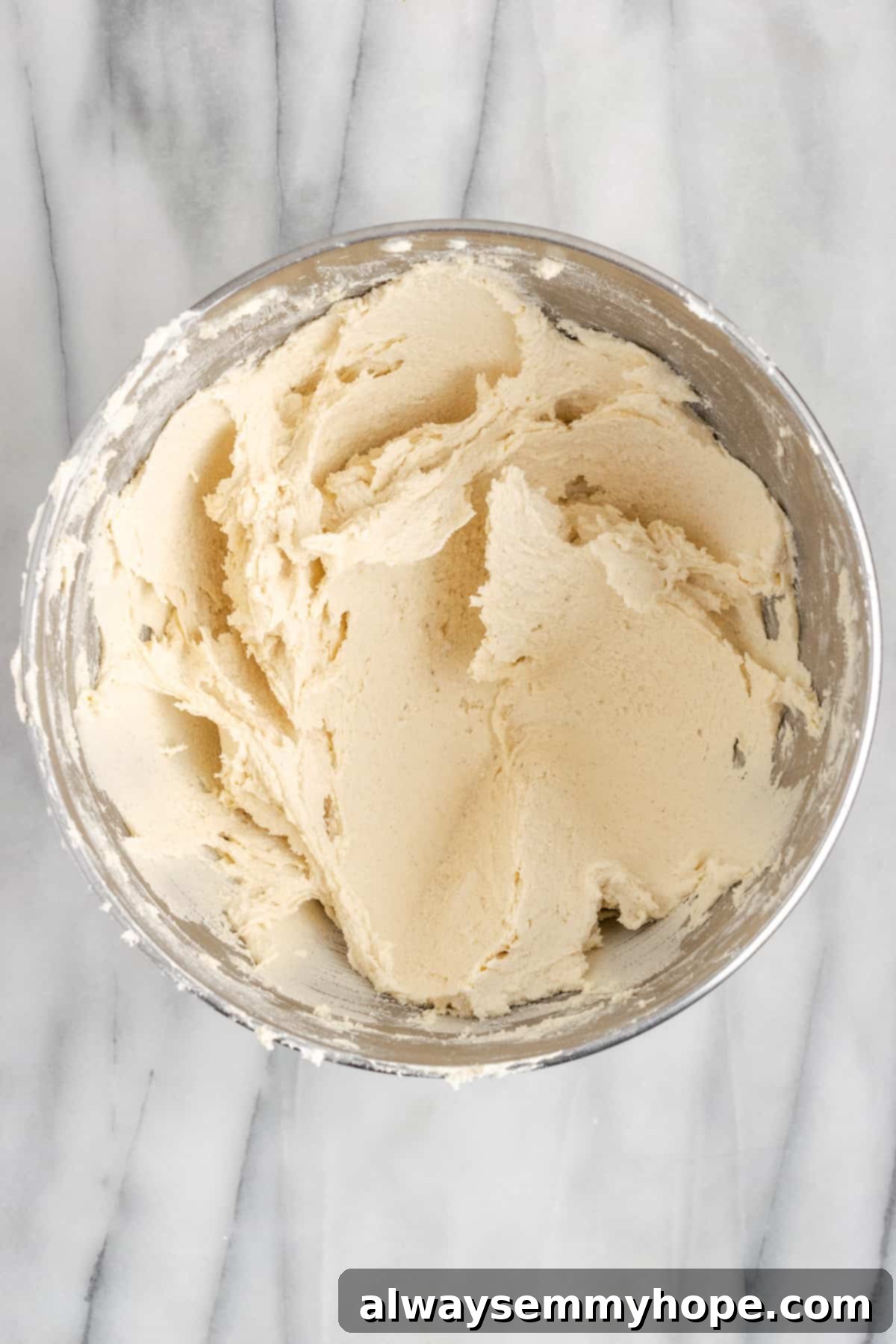 This buttery vegan spritz cookies recipe is fun to make and eat, and the cookies are moist, tender, and full of almond and vanilla flavor. A mixing bowl filled with perfectly mixed vegan spritz cookie dough, ready for chilling