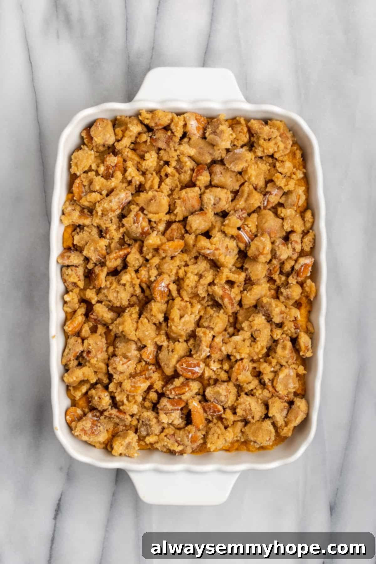 This rich and creamy vegan sweet potato soufflé recipe is a cozy Thanksgiving side. It's entirely vegan, and can easily be made gluten-free. An overhead view of the uncooked sweet potato soufflé generously topped with the pecan-brown sugar mixture, ready to bake.