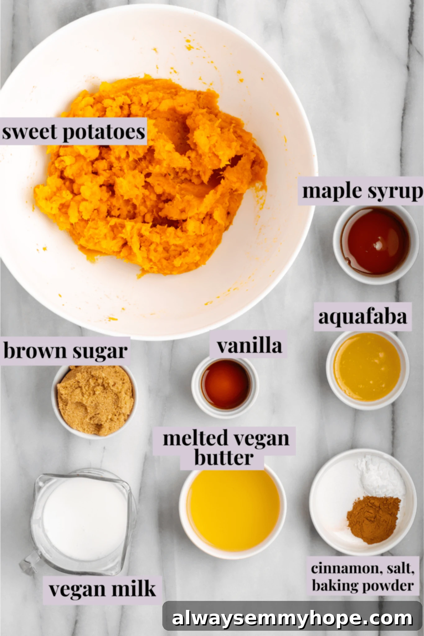 This rich and creamy vegan sweet potato soufflé recipe is a cozy Thanksgiving side. It's entirely vegan, and can easily be made gluten-free. An overhead shot showcasing the key ingredients for vegan sweet potato soufflé: a bowl of raw sweet potatoes, melted vegan butter, non-dairy milk, vanilla extract, aquafaba, brown sugar, and a spice blend of salt, cinnamon, and baking powder.