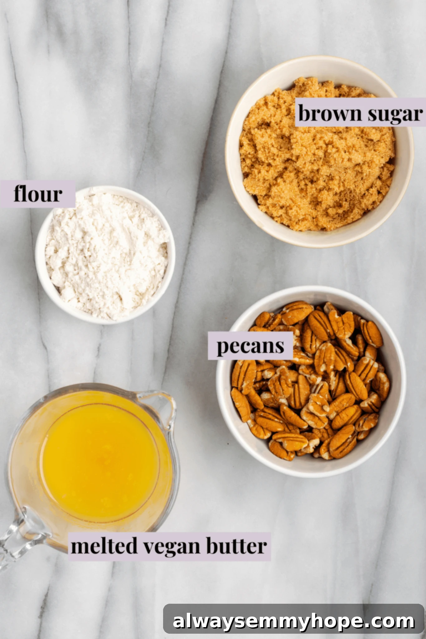 Golden Sweet Potato Delight 2 Overhead view of the ingredients for the crispy pecan topping for sweet potato soufflé: a bowl containing brown sugar, all-purpose flour, chopped pecans, and melted vegan butter.