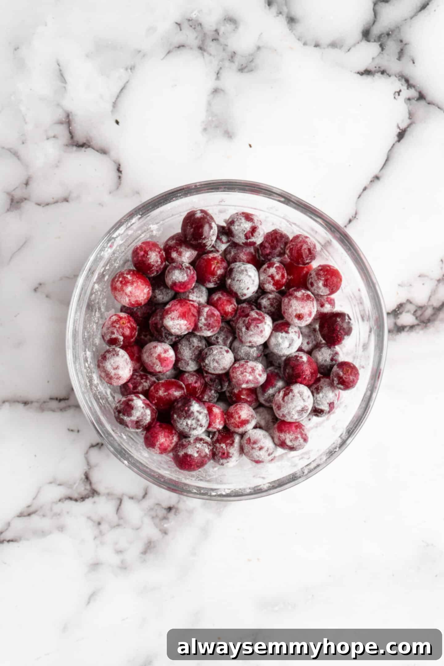 This moist cranberry walnut bread has just the right balance of sweetness, nuttiness, and tartness, and is a perfect holiday treat. A clear glass bowl containing vibrant red cranberries, meticulously coated in a fine dusting of flour, prepared for baking.