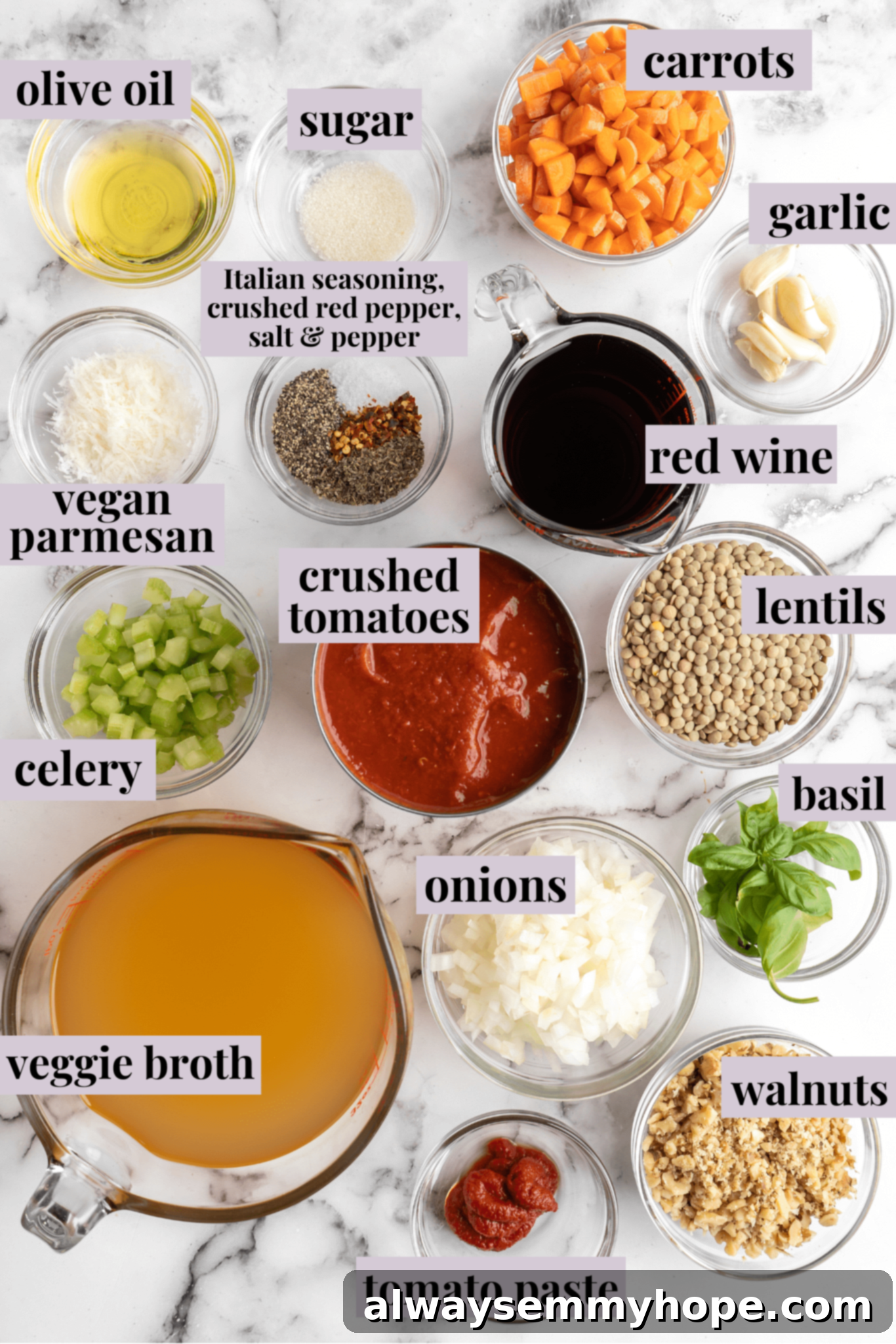 This easy walnut lentil bolognese recipe is a fun vegan take on a popular Italian pasta dish, and is full of tomato paste and veggies, highlighting all the fresh ingredients. Labeled overhead view of the ingredients for a delicious walnut lentil bolognese: vibrant veggie broth, rich tomato paste, crunchy walnuts, fresh basil, sweet onions, hearty lentils, robust crushed tomatoes, crisp celery, dry red wine, savory vegan parmesan, aromatic garlic, sweet carrots, a pinch of sugar, and high-quality olive oil.