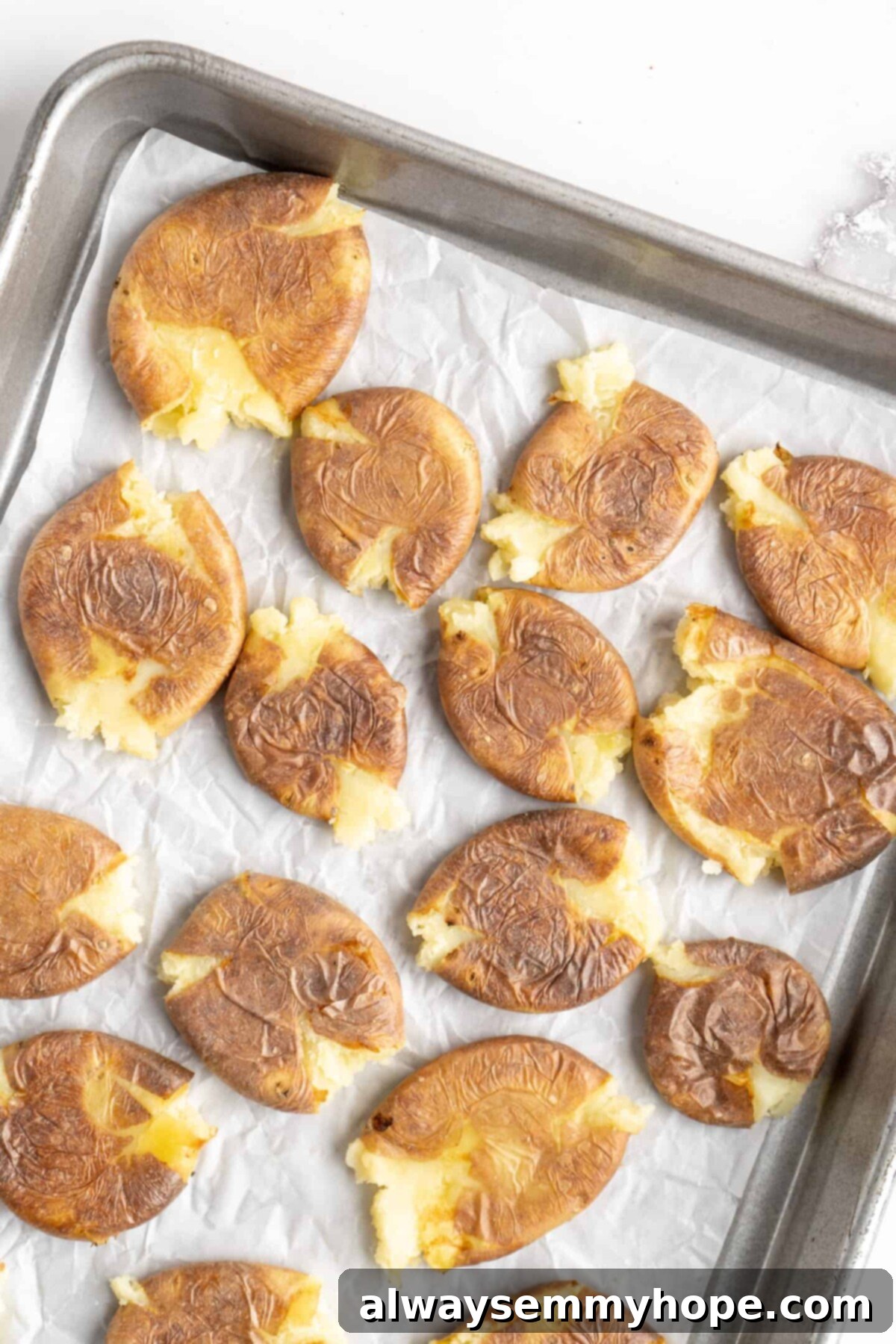 This air fryer smashed potatoes recipe is salty, crispy on the outside, and light and fluffy on the inside. It's an easy side dish, and vegan! A baking sheet full of smashed potatoes