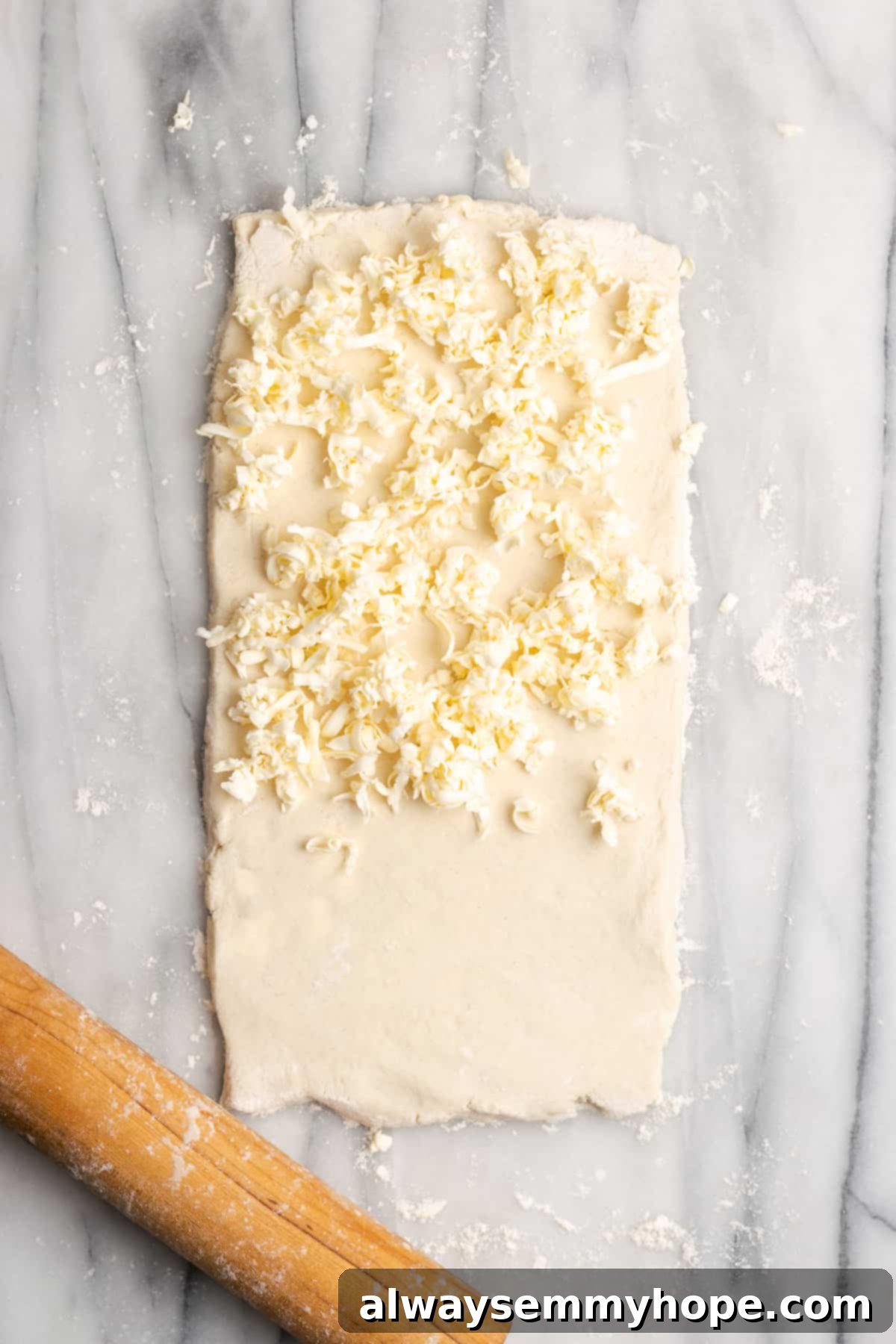 A slightly thick rectangle of dough with shredded butter covering two-thirds of it