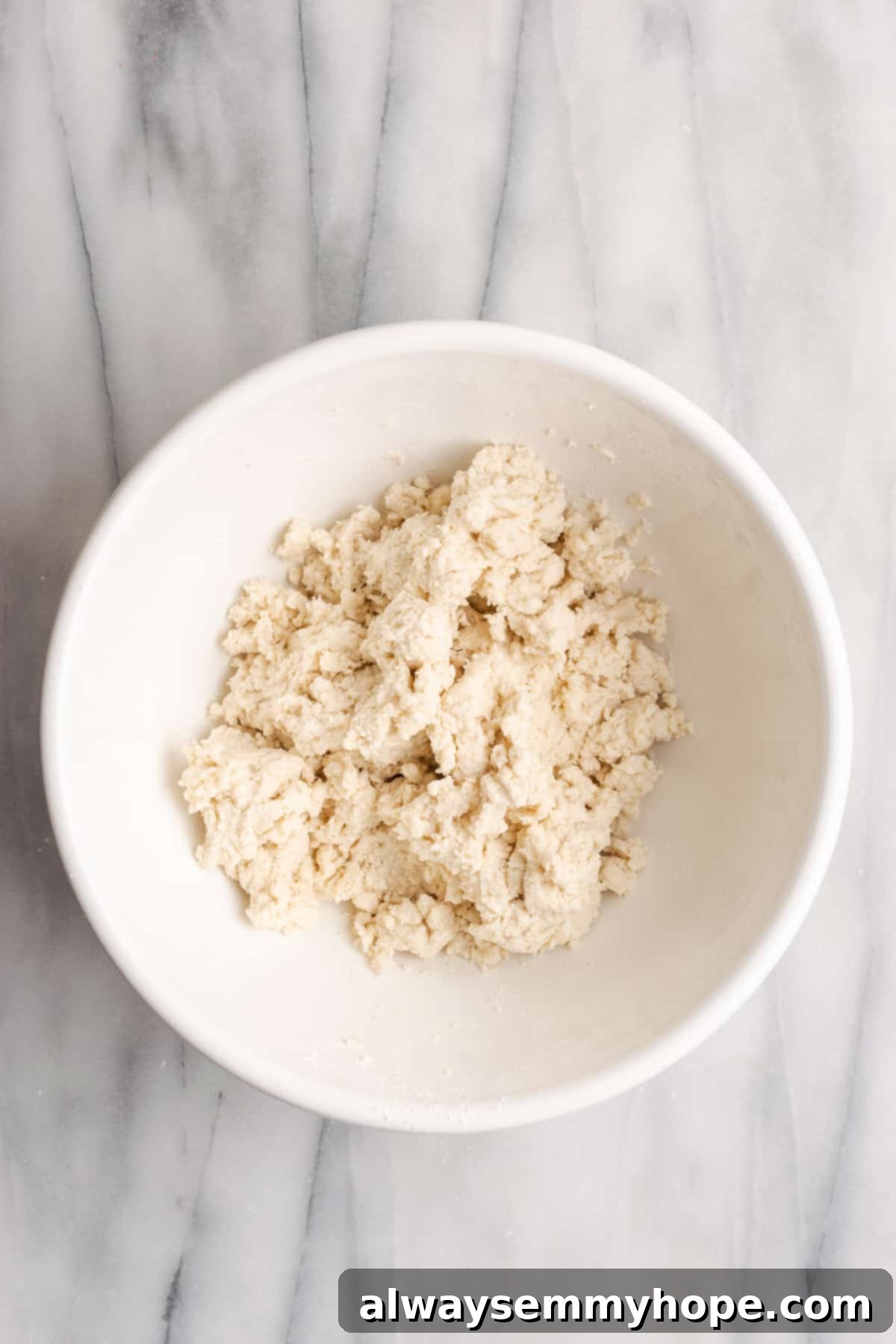 A mixing bowl with a shaggy dough