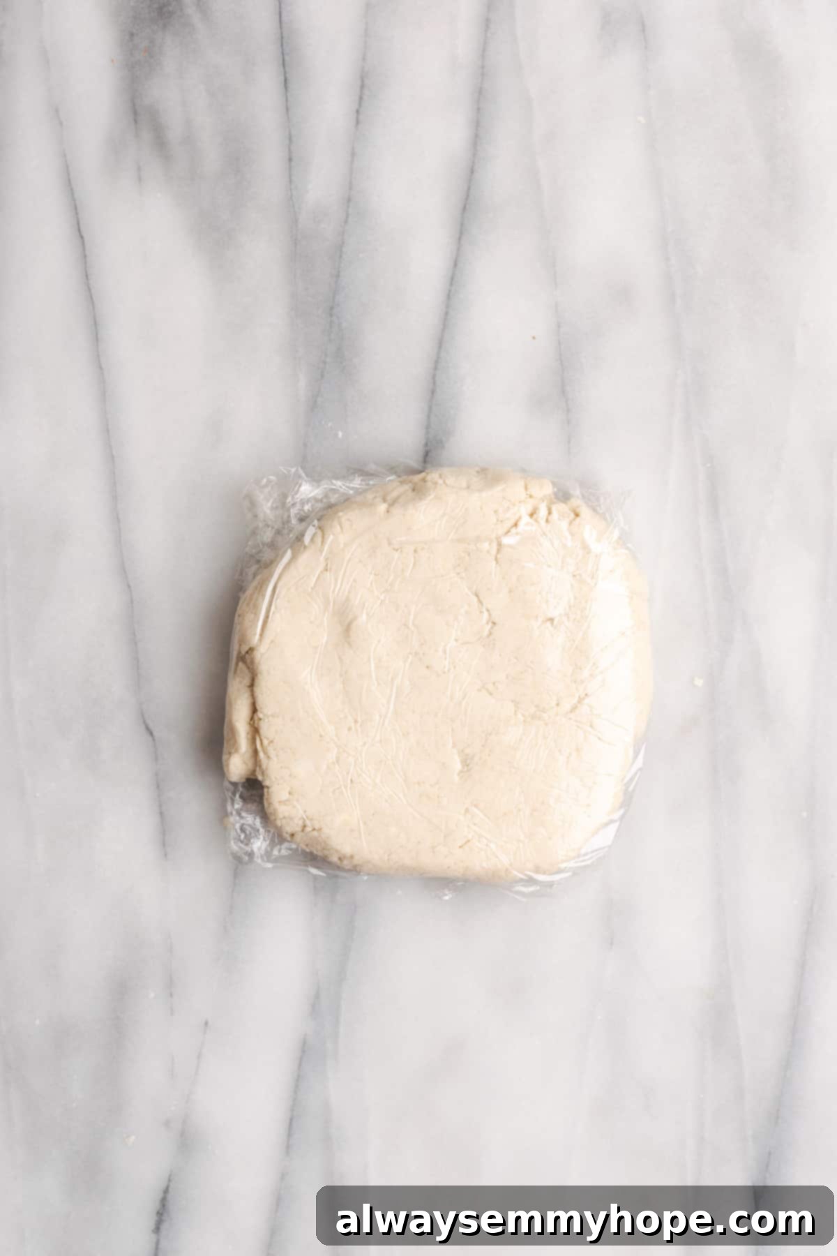 A flat square of dough wrapped in plastic wrap