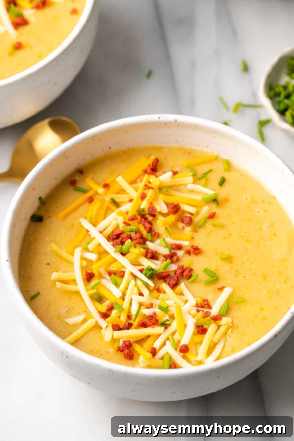 Velvety Vegan Instant Pot Potato Soup 2 Close up of a bowl of potato soup garnished with crispy vegan bacon bits, melty shredded vegan cheese, and fresh chives, ready to be enjoyed.