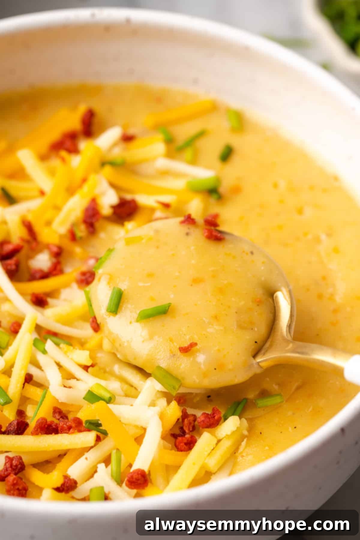 This creamy vegan Instant Pot potato soup recipe is hearty, comforting, and perfect for winter, plus it's easy and quick to make! Close up of a spoon scooping a generous spoonful of creamy potato soup from a bowl, which is topped with chives, vegan cheese, and vegan bacon bits, emphasizing the soup's inviting texture.
