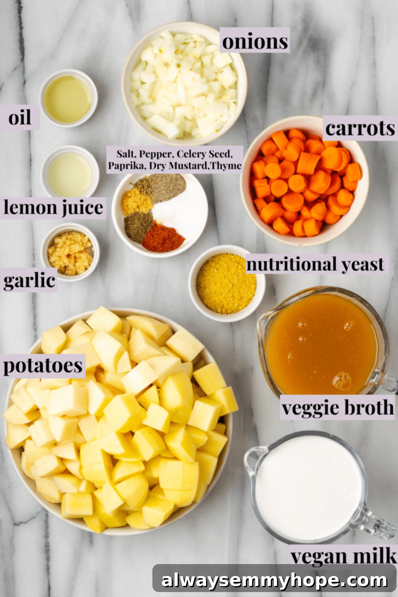 This creamy vegan Instant Pot potato soup recipe is hearty, comforting, and perfect for winter, plus it's easy and quick to make! Overhead view showcasing all the labeled ingredients for the vegan Instant Pot potato soup, including bowls of olive oil, diced onions, sliced carrots, chunky potatoes, vegetable broth, nutritional yeast, non-dairy milk, minced garlic, lemon juice, and a blend of salt, pepper, thyme, paprika, celery seed, and dry mustard.