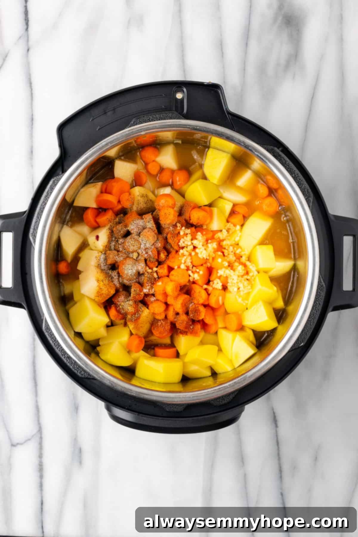 This creamy vegan Instant Pot potato soup recipe is hearty, comforting, and perfect for winter, plus it's easy and quick to make! An Instant Pot filled with raw ingredients including diced potatoes, sliced carrots, vegetable broth, and various seasonings, ready for pressure cooking.