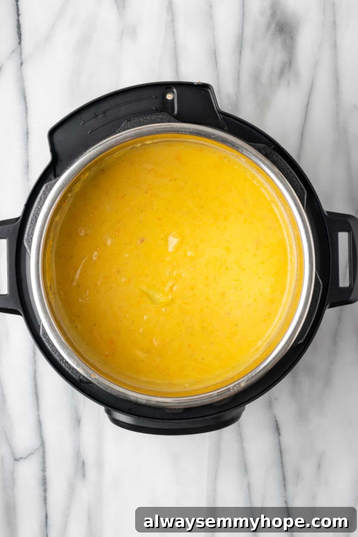 This creamy vegan Instant Pot potato soup recipe is hearty, comforting, and perfect for winter, plus it's easy and quick to make! The finished creamy vegan potato soup simmering gently in the Instant Pot, perfectly blended and ready to serve.