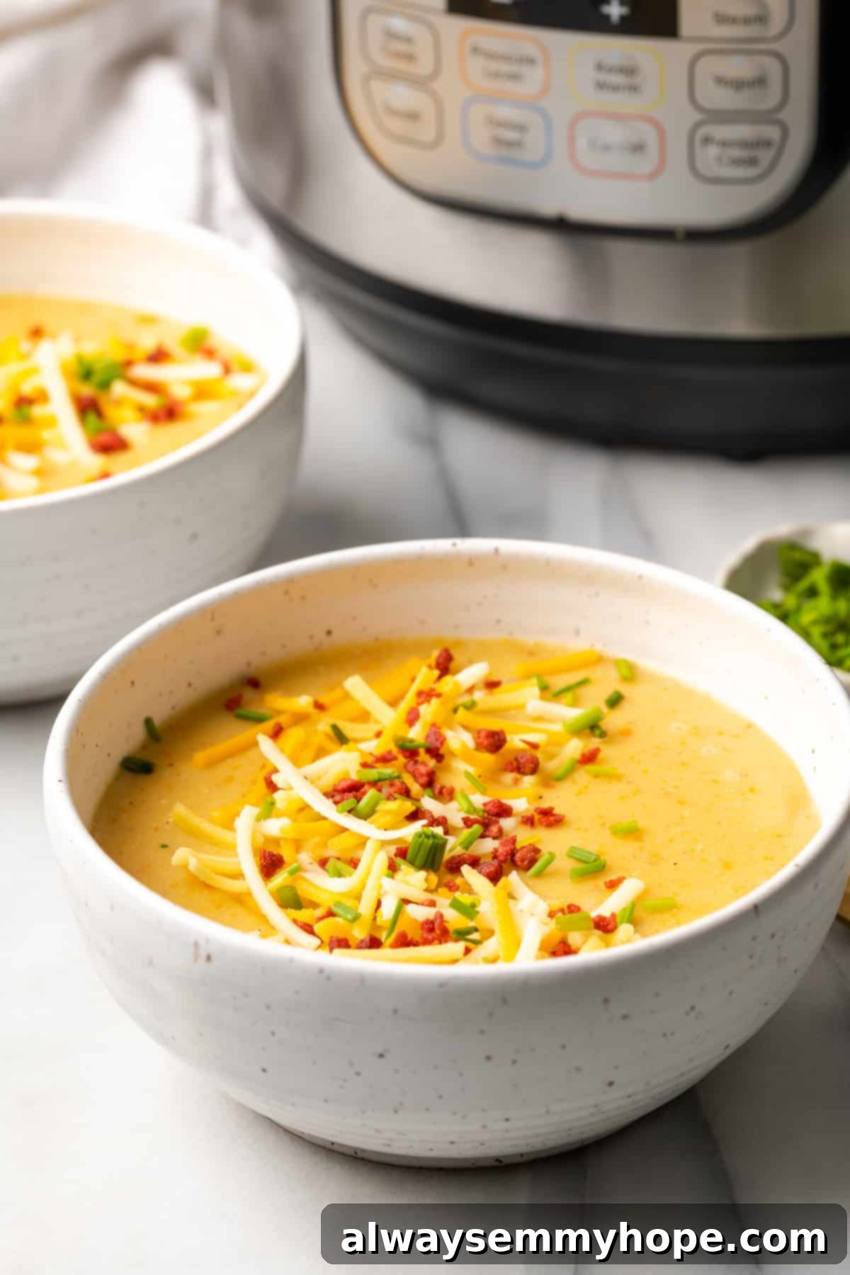 This creamy vegan Instant Pot potato soup recipe is hearty, comforting, and perfect for winter, plus it's easy and quick to make! A perfectly plated bowl of creamy vegan potato soup, generously topped with fresh chives, shredded vegan cheese, and crunchy vegan bacon bits, with the Instant Pot blurred in the background, showcasing a satisfying meal.