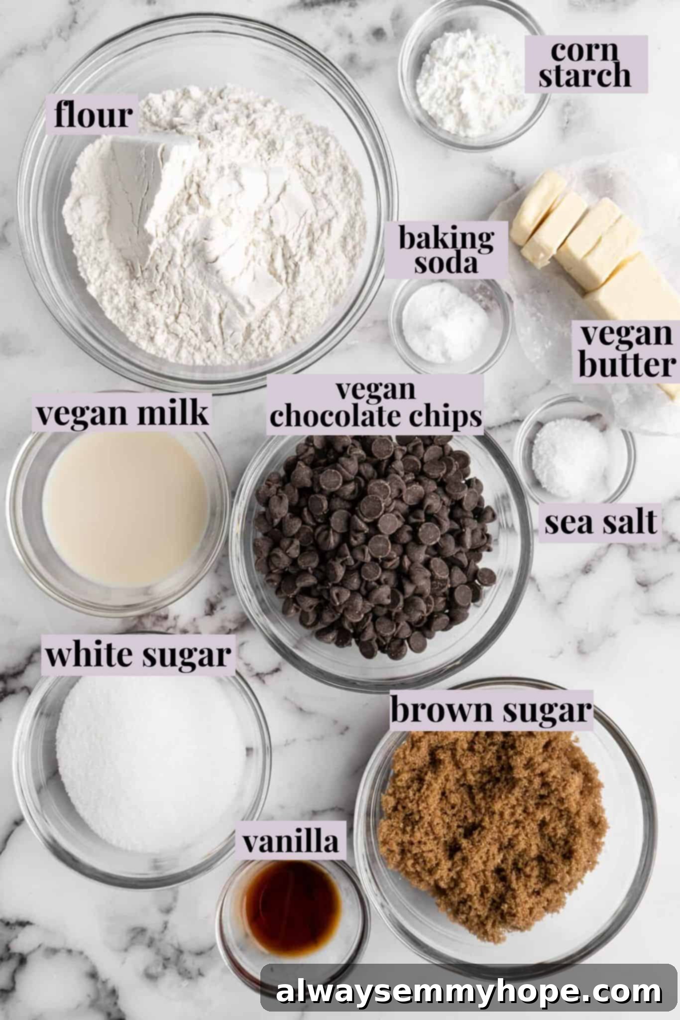 Overhead view of all the vegan chocolate chip cookie ingredients laid out on a kitchen counter, ready for mixing