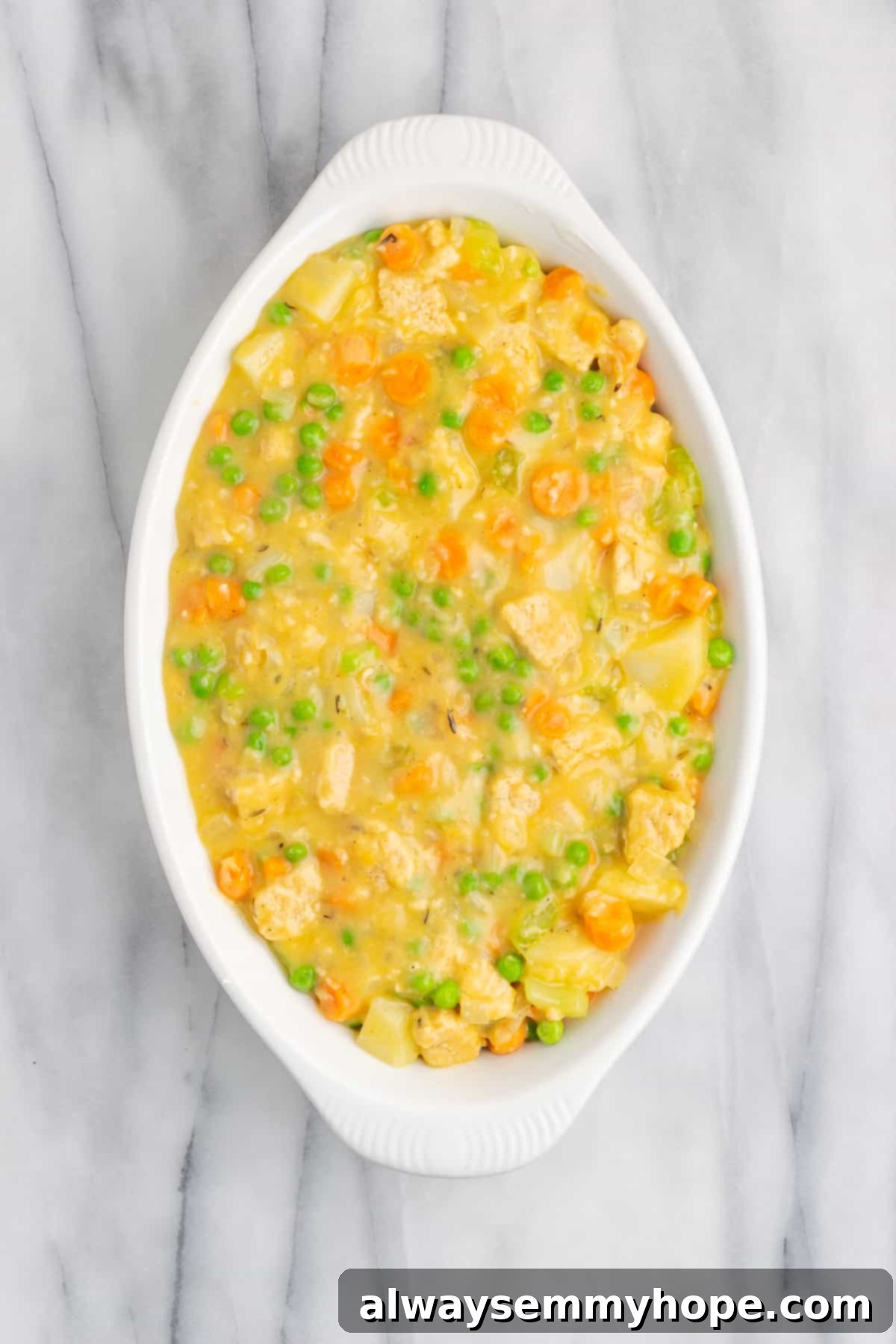 An overhead view of a casserole dish filled with the rich and creamy vegan pot pie filling, ready for the pastry top.
