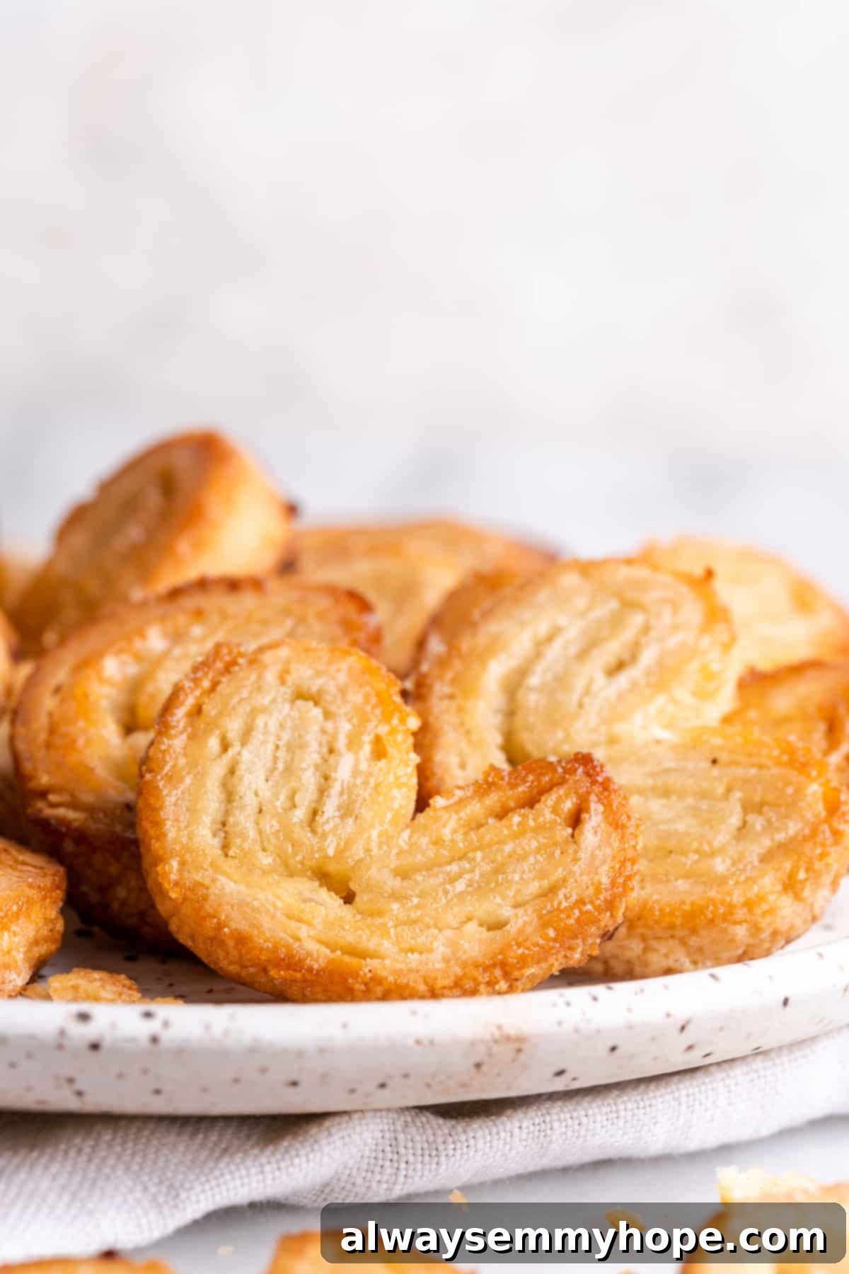 Close up of a plate of puff pastry palmiers