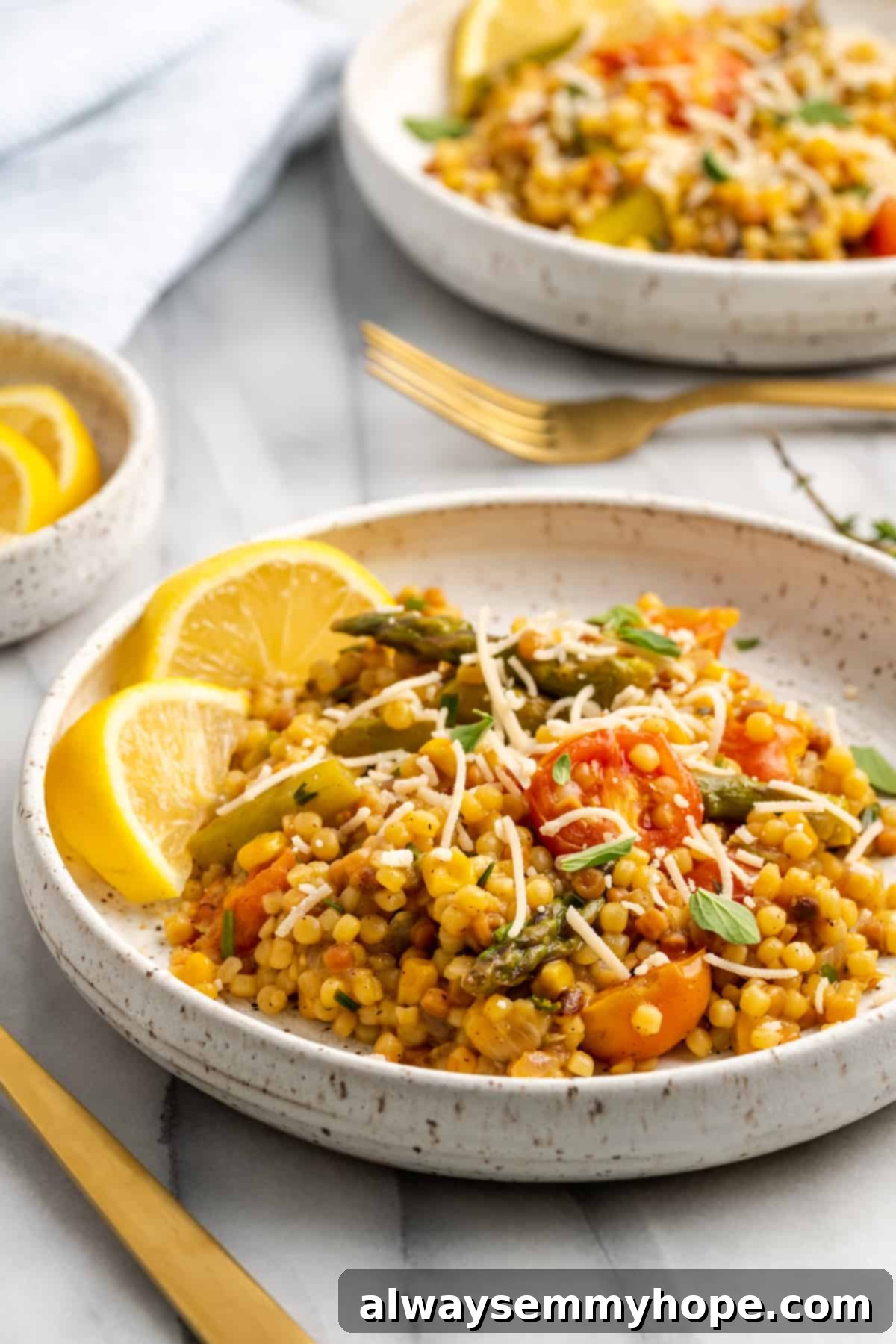 Herb & Veggie Fregola: A Nutty, Chewy Vegan Dinner Packed with Flavor and Nutrients. A vibrant plate of vegan fregola pasta with fresh herbs, cherry tomatoes, and asparagus, garnished with lemon wedges, ready to be served for a nutritious and flavorful dinner.