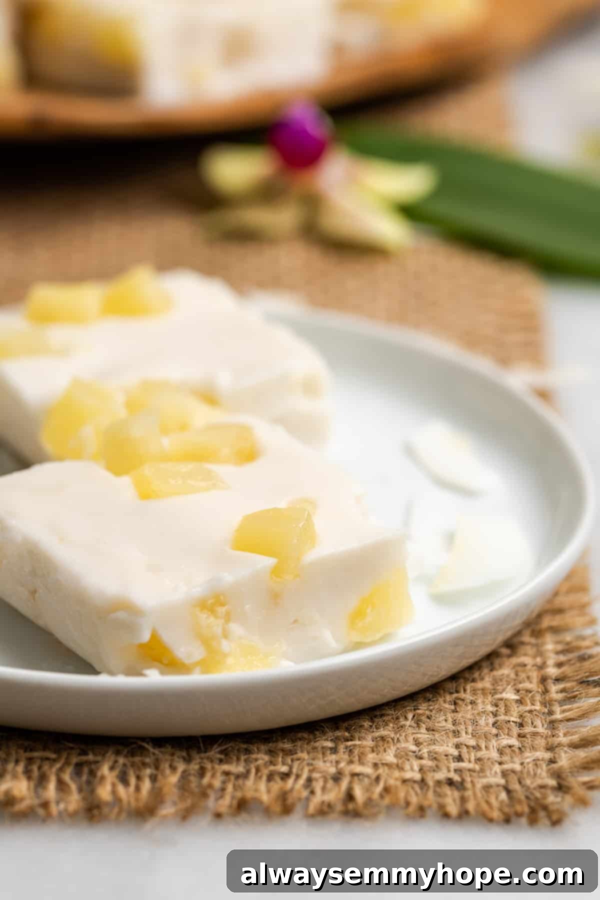 Hawaiian Coconut Haupia 15 A single slice of haupia on a white plate, ready to be enjoyed, showcasing its creamy texture.