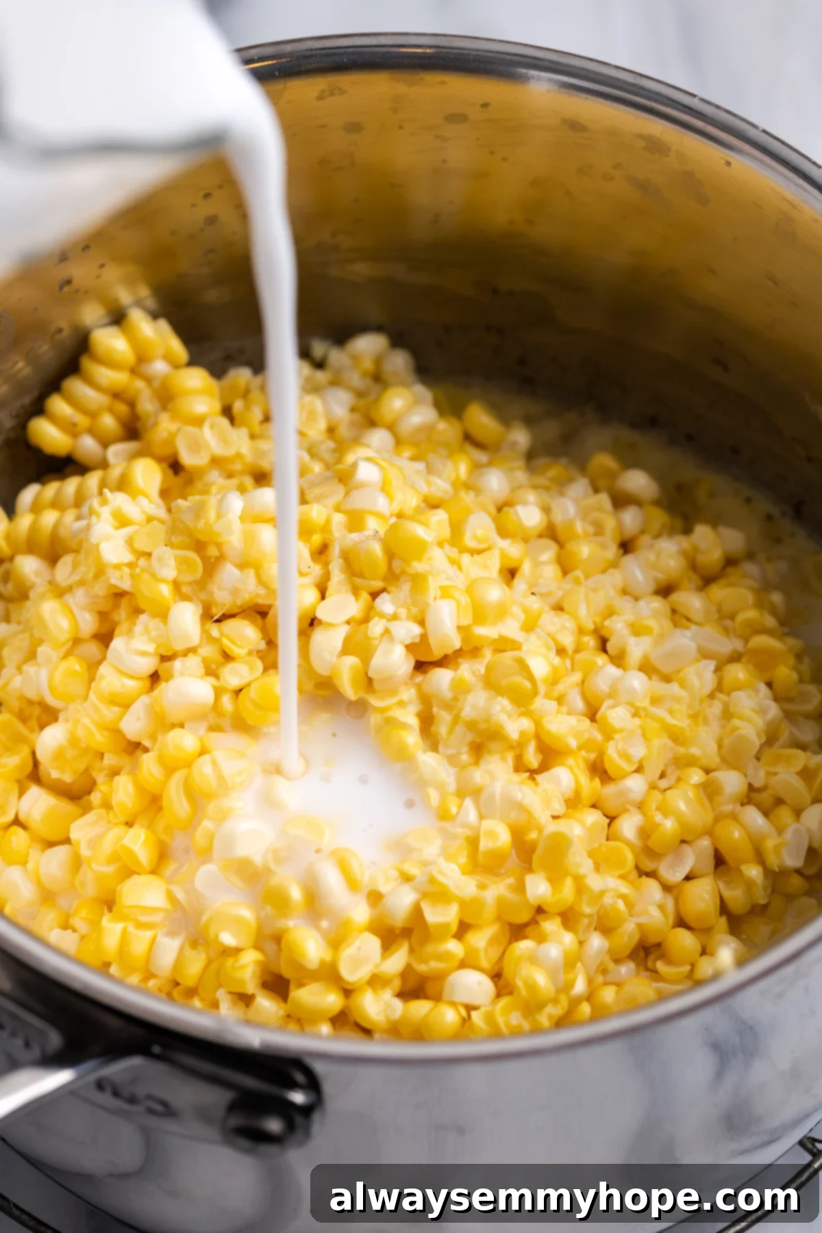 My recipe for vegan creamed corn is an easy way to make this crowd-pleasing side dish without the dairy milk and butter! Pouring non-dairy milk into the pot with corn and sauce base