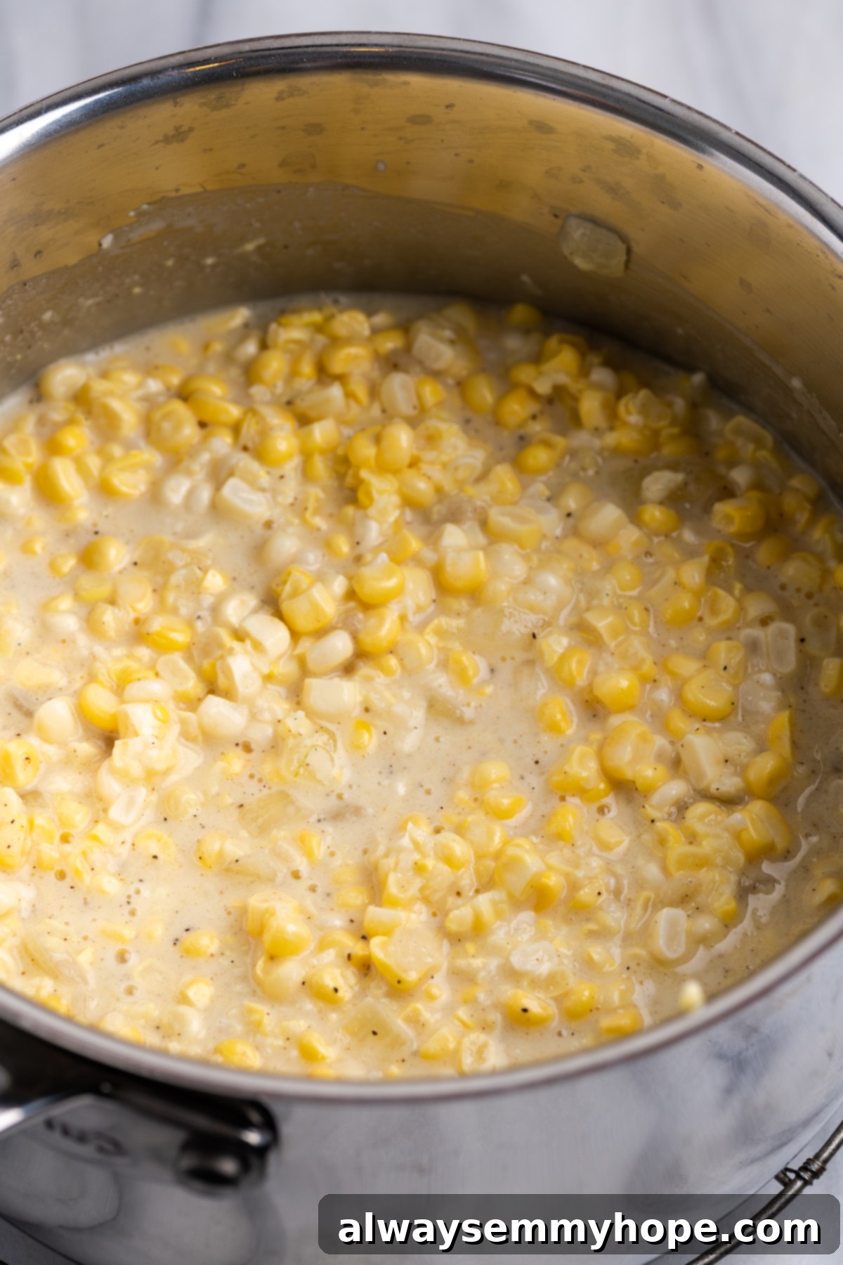 Vegan creamed corn in pot