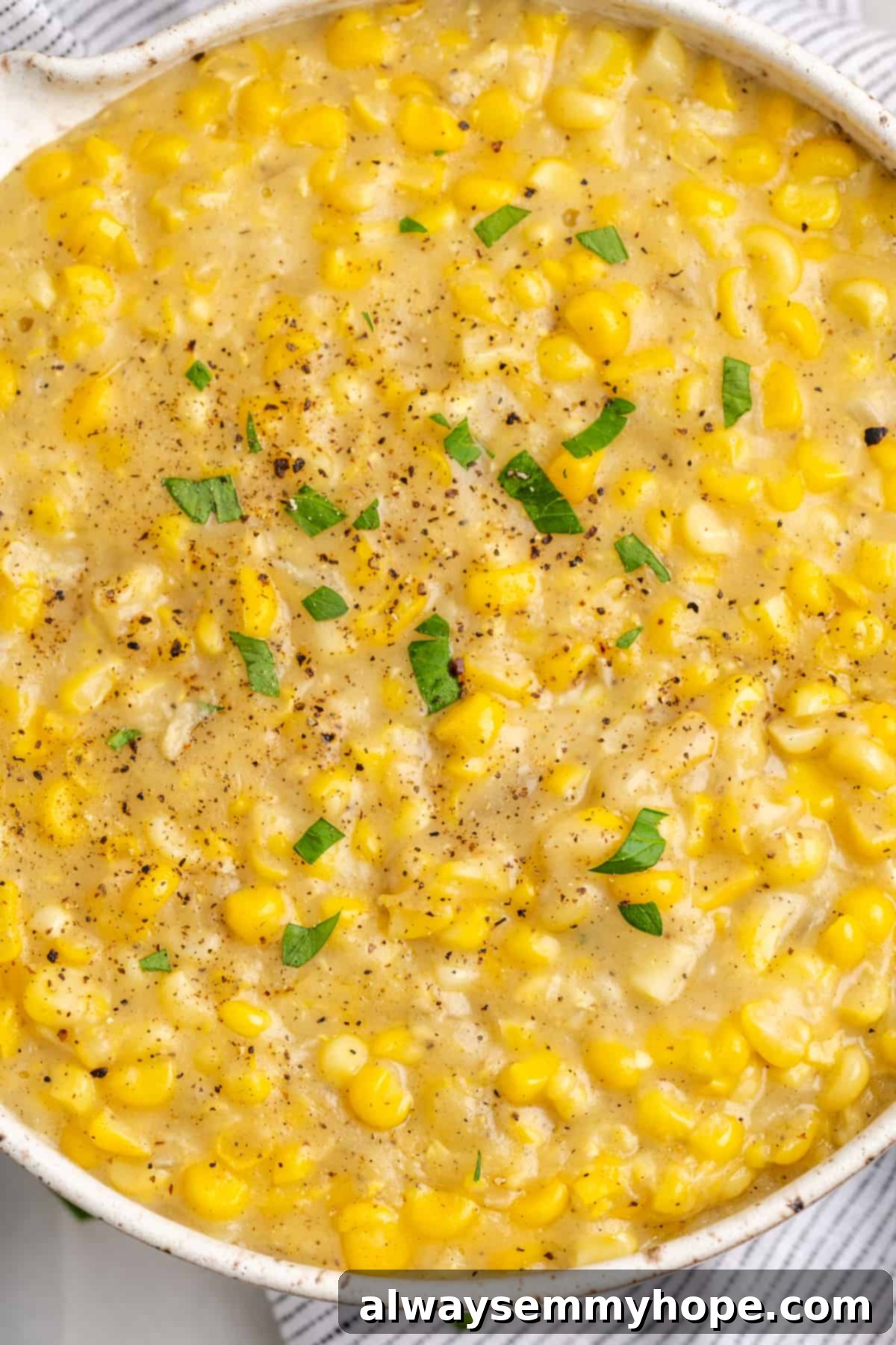 Overhead view of vegan creamed corn in bowl
