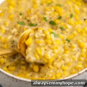 Velvety Vegan Creamed Corn 2 Spoonful of vegan creamed corn in bowl