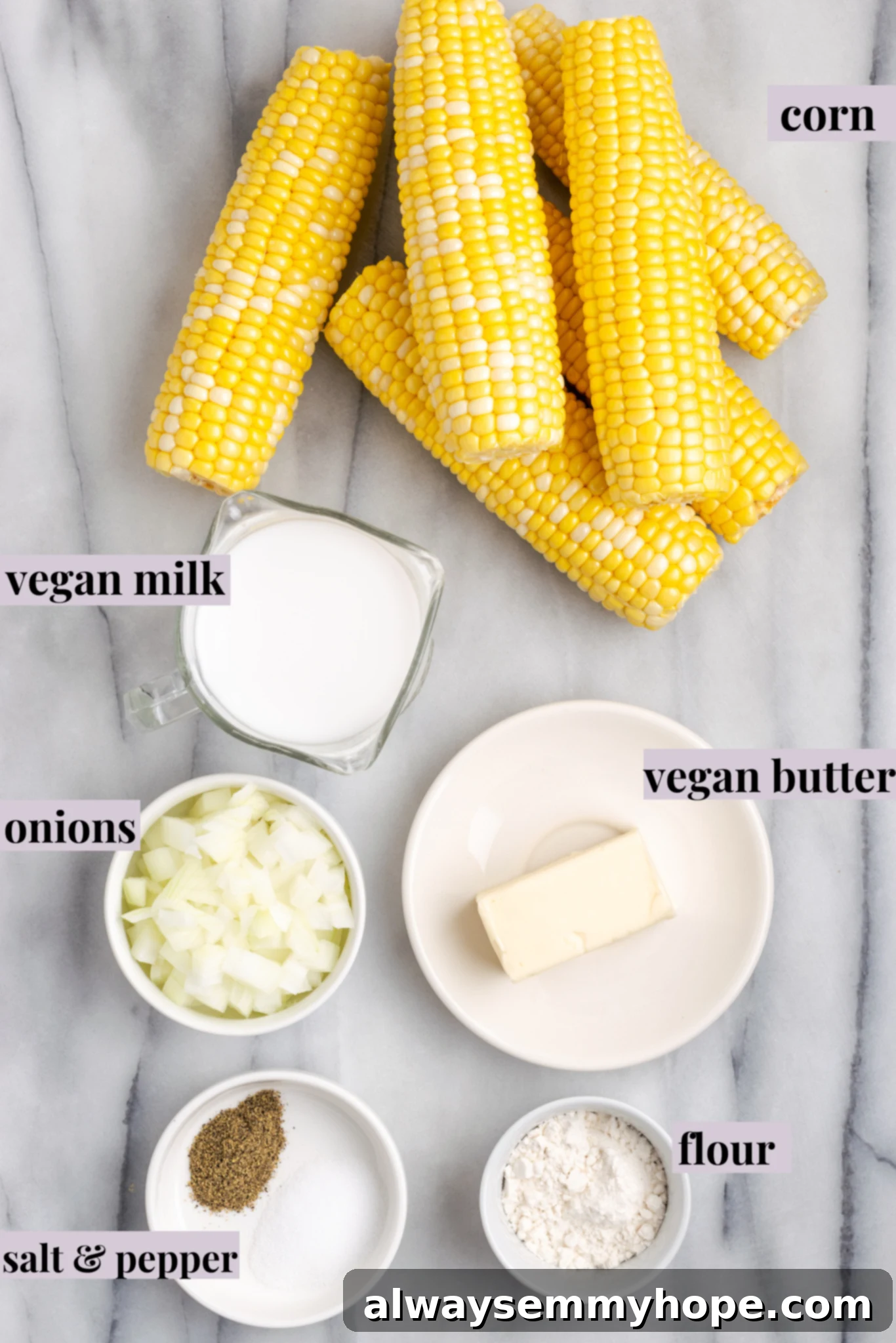 Overhead view of vegan creamed corn ingredients with labels
