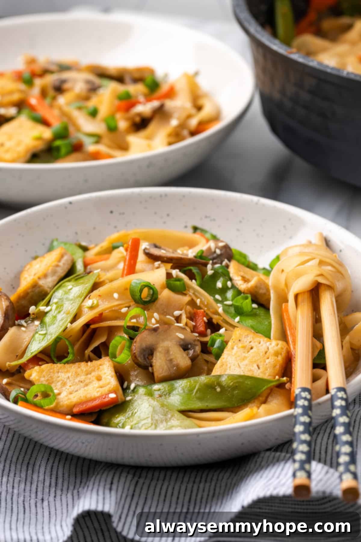 A perfect bowl of vegan chow fun noodles, tempting and delicious. Close-up view of a bowl of vegan chow fun noodles, ready to be enjoyed with chopsticks.