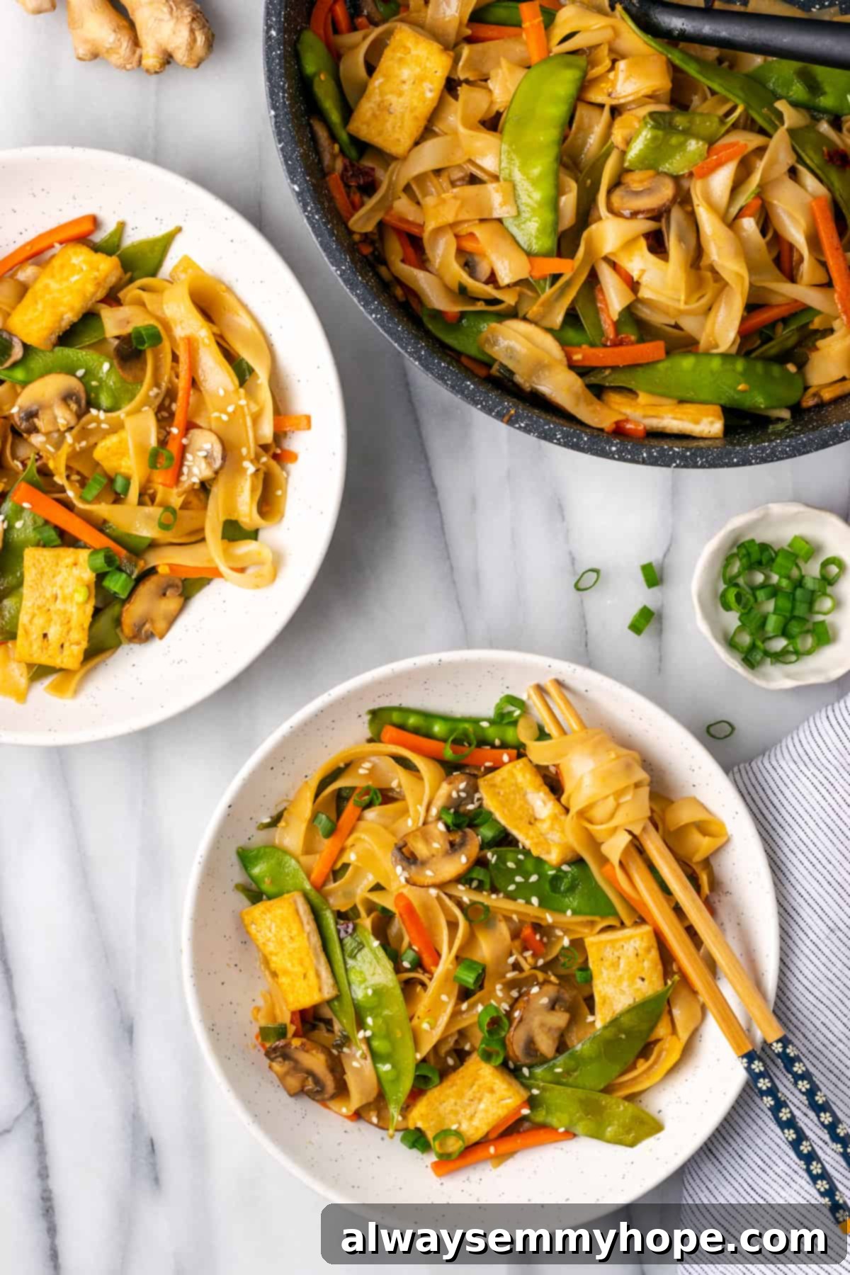 Chow Fun 2 Overhead view of vegan chow fun noodles served in bowls and in the pan, freshly made.
