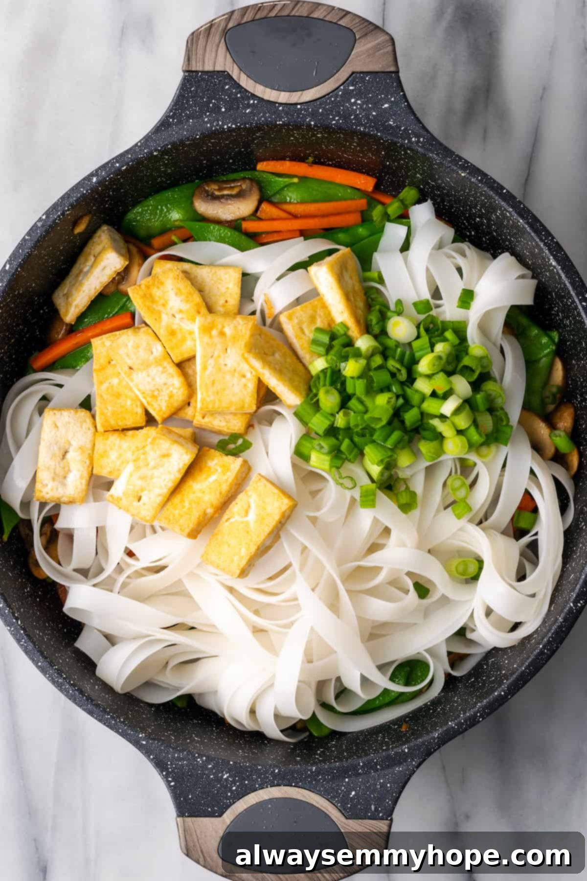 The grand assembly: Noodles, tofu, and vegetables ready to be coated in the delicious sauce for vegan Chow Fun. Chow fun noodle ingredients, including noodles, tofu, vegetables, and sauce, combined in a pan before final toss.