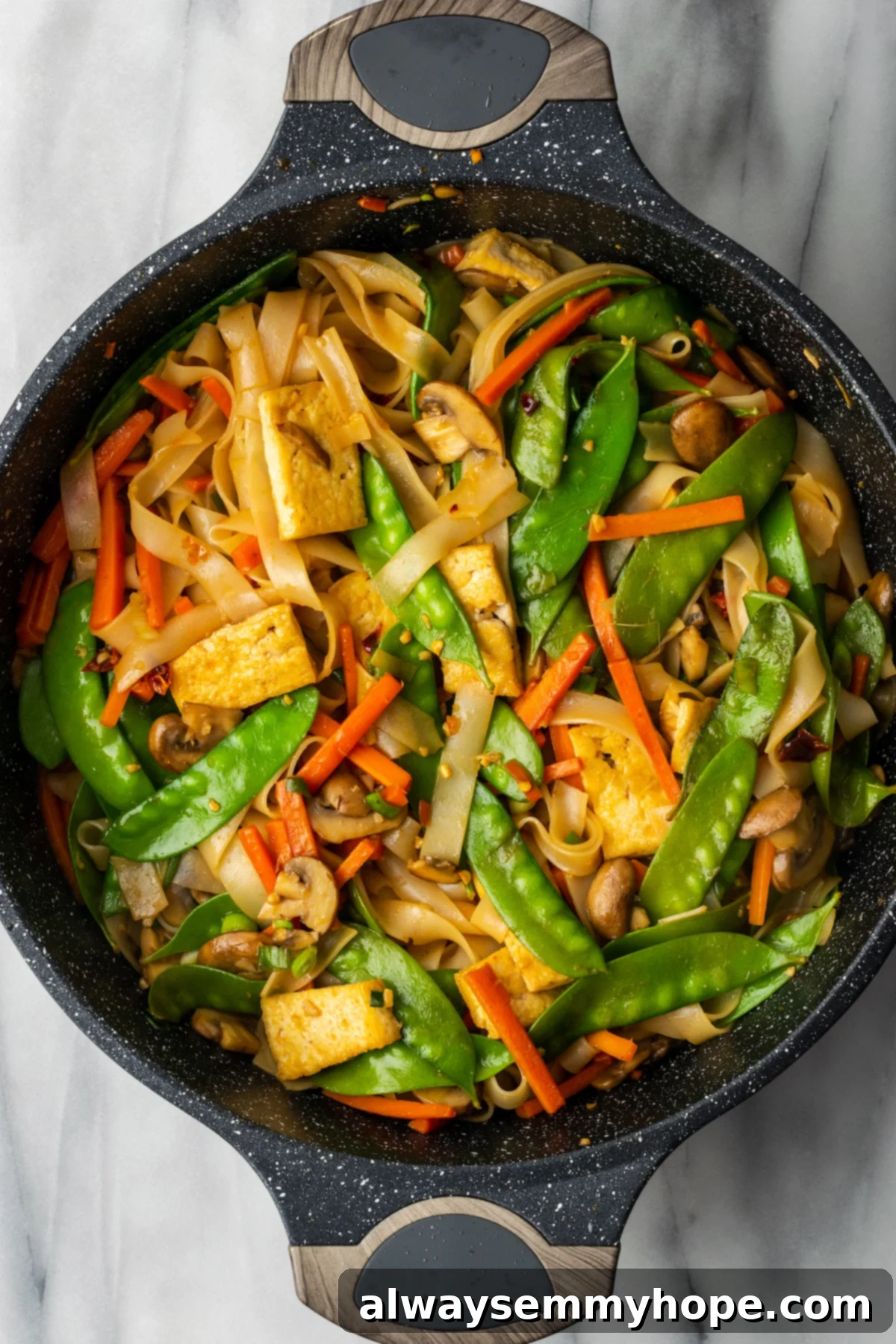Ready to serve: Perfectly stir-fried vegan Chow Fun noodles glistening with savory sauce. Perfectly coated vegan chow fun noodles, tofu, and vegetables stir-fried in the pan, glistening with sauce.