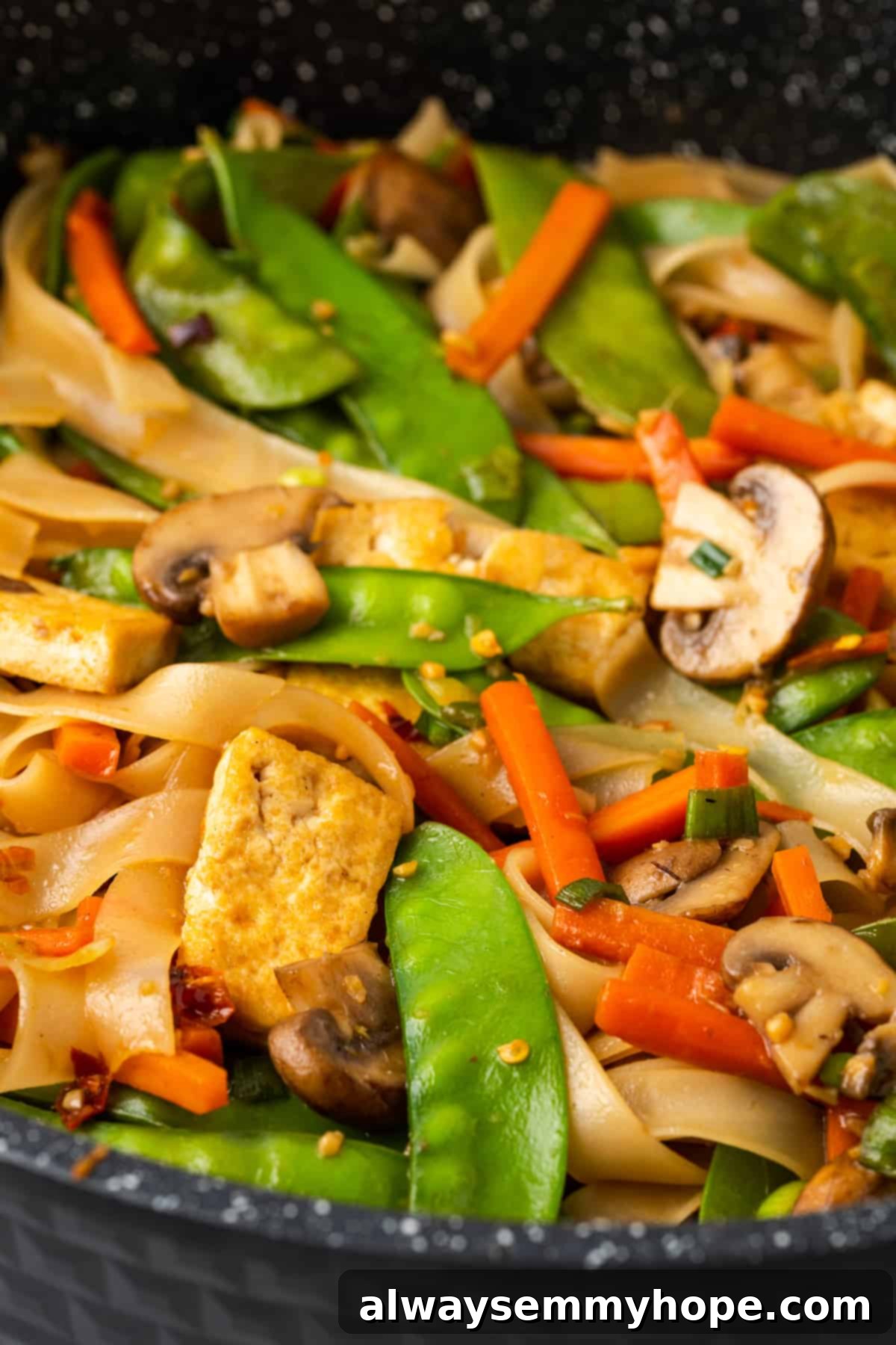 Freshly cooked vegetable chow fun noodles in a pan, perfect for a quick and satisfying vegan dinner. Close-up overhead view of vegetable chow fun noodles in a pan, steaming hot and ready to serve.