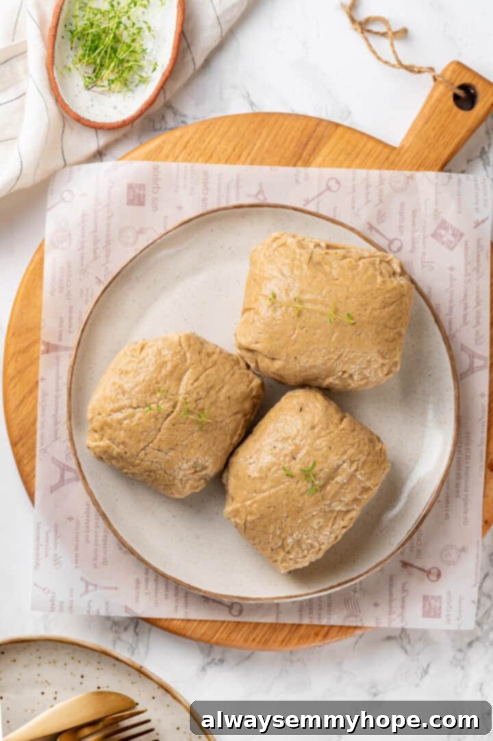 Three fully cooked and cooled seitan chicken pieces presented on a plate.