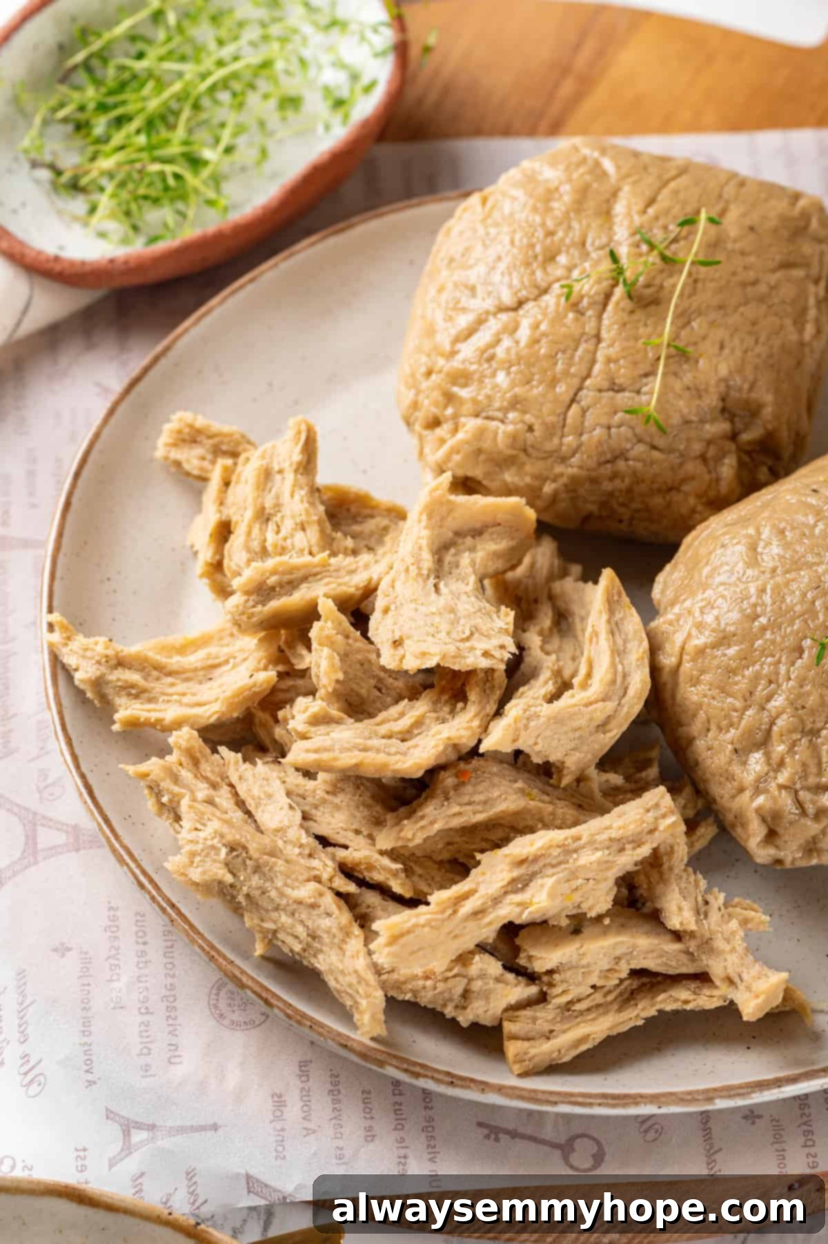 Two pieces of homemade vegan chicken on a plate, with a torn piece revealing its fibrous, realistic texture.